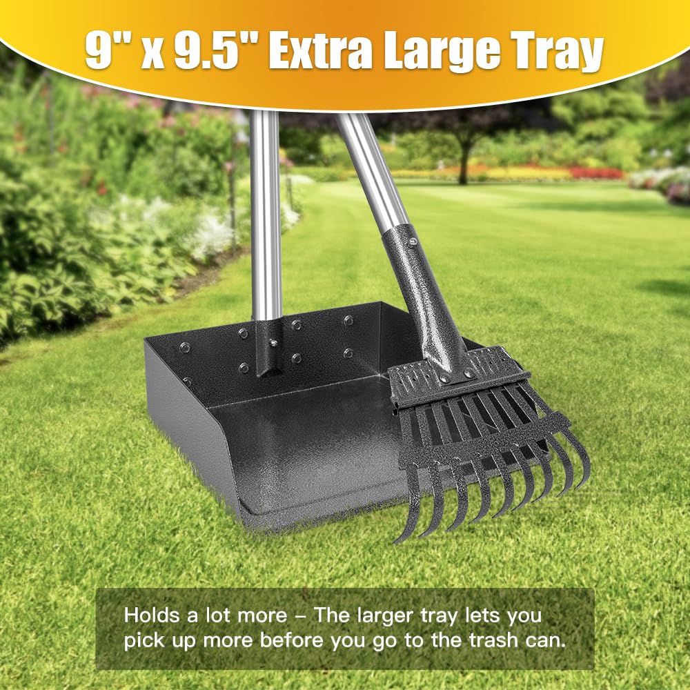 TOOGE Larger Pooper Scooper, Dog Pooper Scooper for Large Medium Small Dogs Heavy Duty Long Handle Metal Tray Rake Shovel Set for Yard Grass