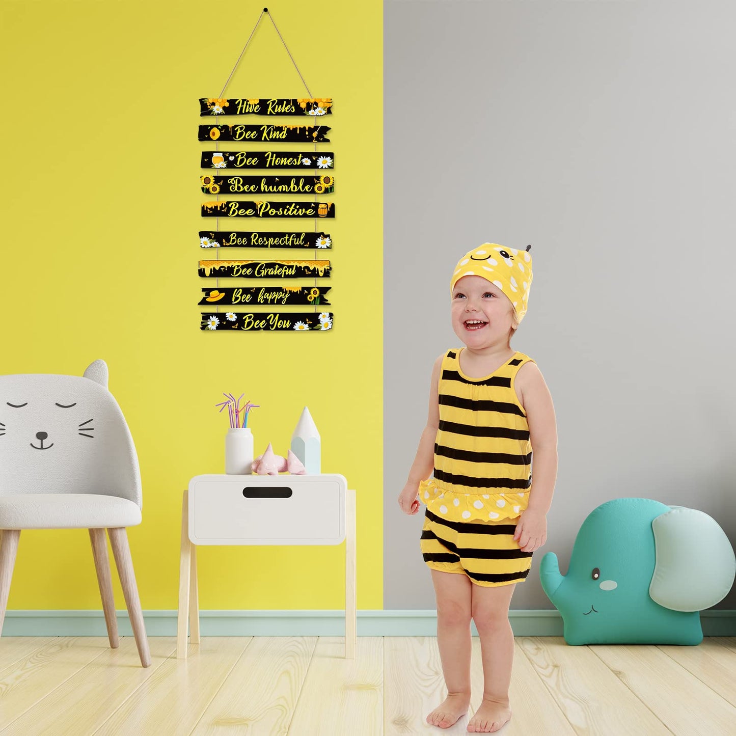 Jetec Bee Decor Plaque Gift Bee Sign Hive Rules Wall Decor Christmas Daisy Ornament for Xmas Home Spring Daisy Sunflower Decorations for Living Room Kitchen(Black)