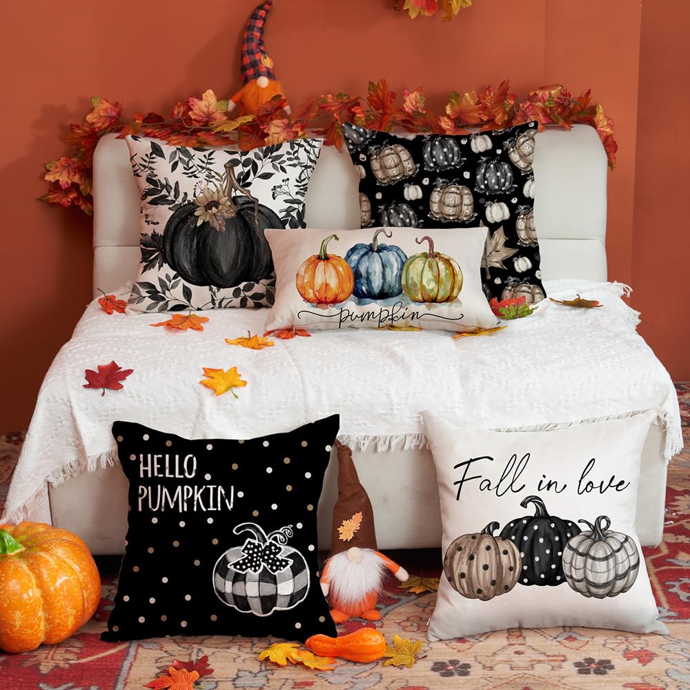 DFXSZ Fall Pillow Covers 18x18 inch Set of 4 Fall Decorational Various Styles of Pumpkin Fallen Leaves Decorative Black Autumn Outdoor Pillowcases Thanksgiving Decoration for Home Couch 211B18