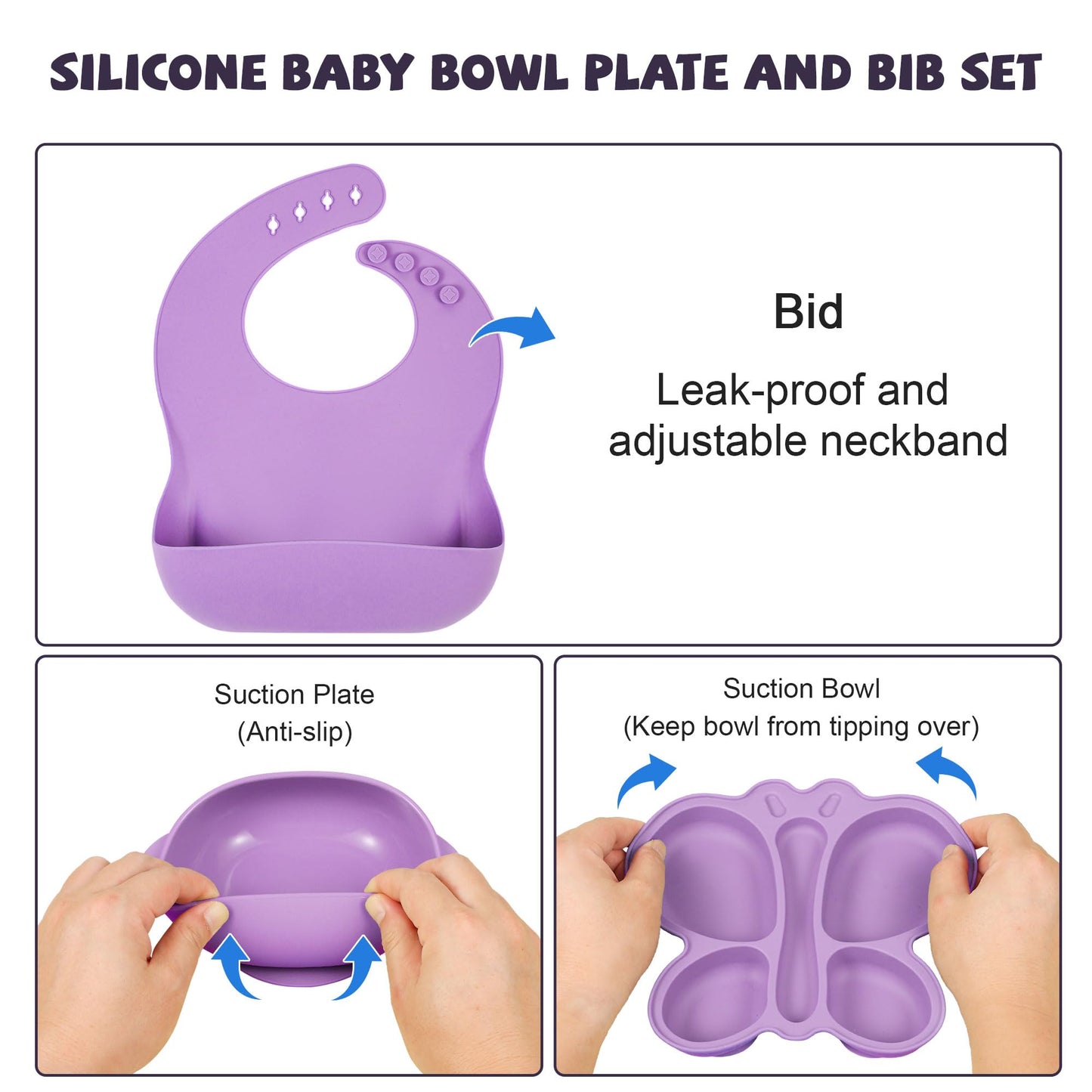 Silicone Baby Feeding Set, Baby Led Weaning Supplies, Silicone Suction Butterfly Plate, Bowl, Spoons, Fork and Waterproof Bib & Cloth Bib, Eating Utensils Baby Feeding Essentials (Purple)