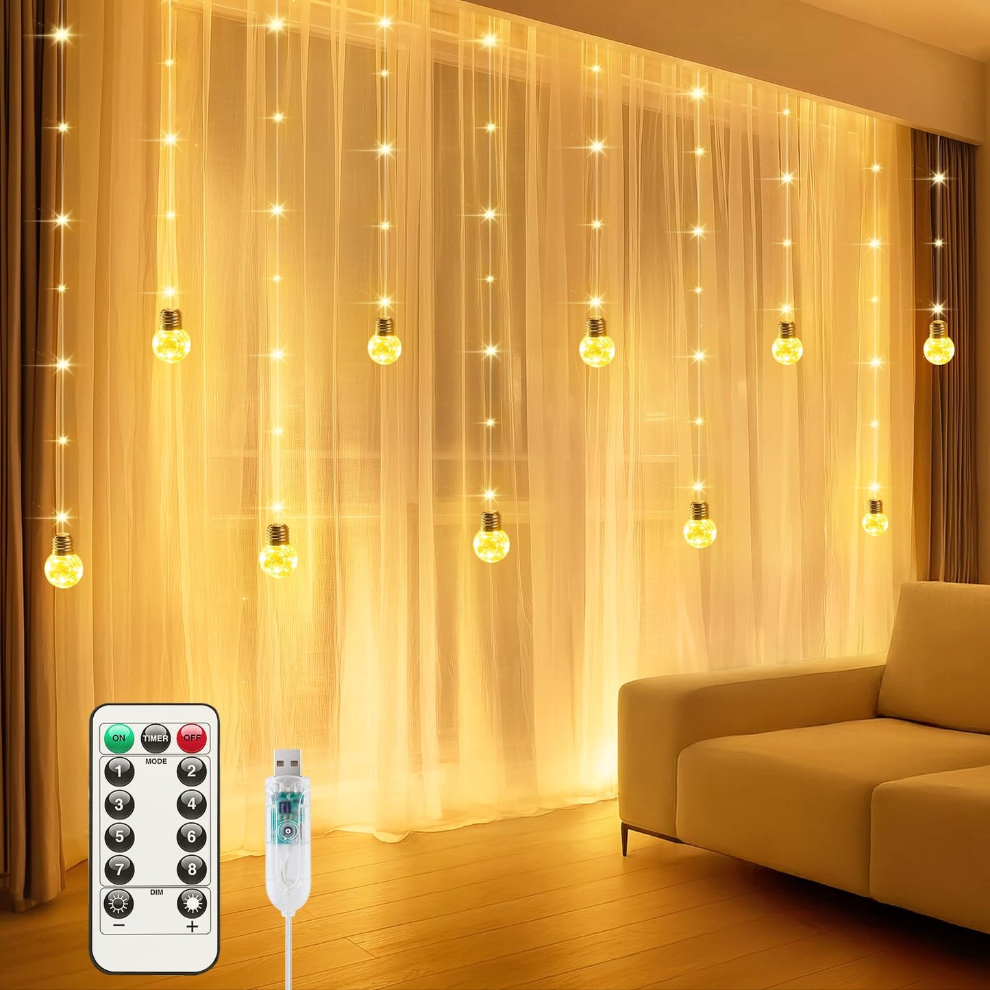 Minetom 200 LED Curtain Fairy Lights - 9.8 FT Wishing Ball Window Hanging Lights with Remote, USB Powered Waterproof for Christmas Wedding Bedroom Decoration, Warm White