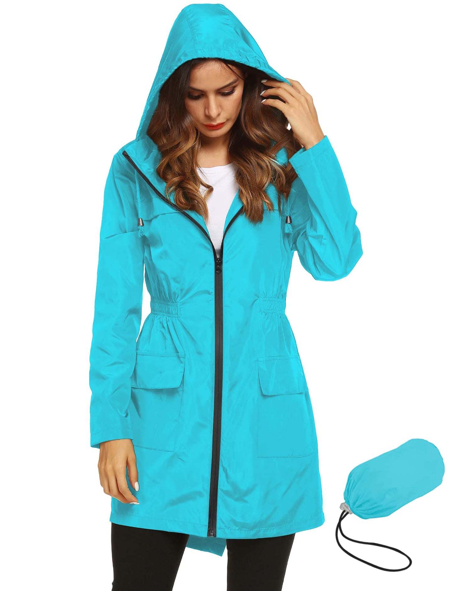 LOMON Women Waterproof Raincoat Hooded Lightweight Windbreaker Outdoor Anorak Jacket Ice blue L