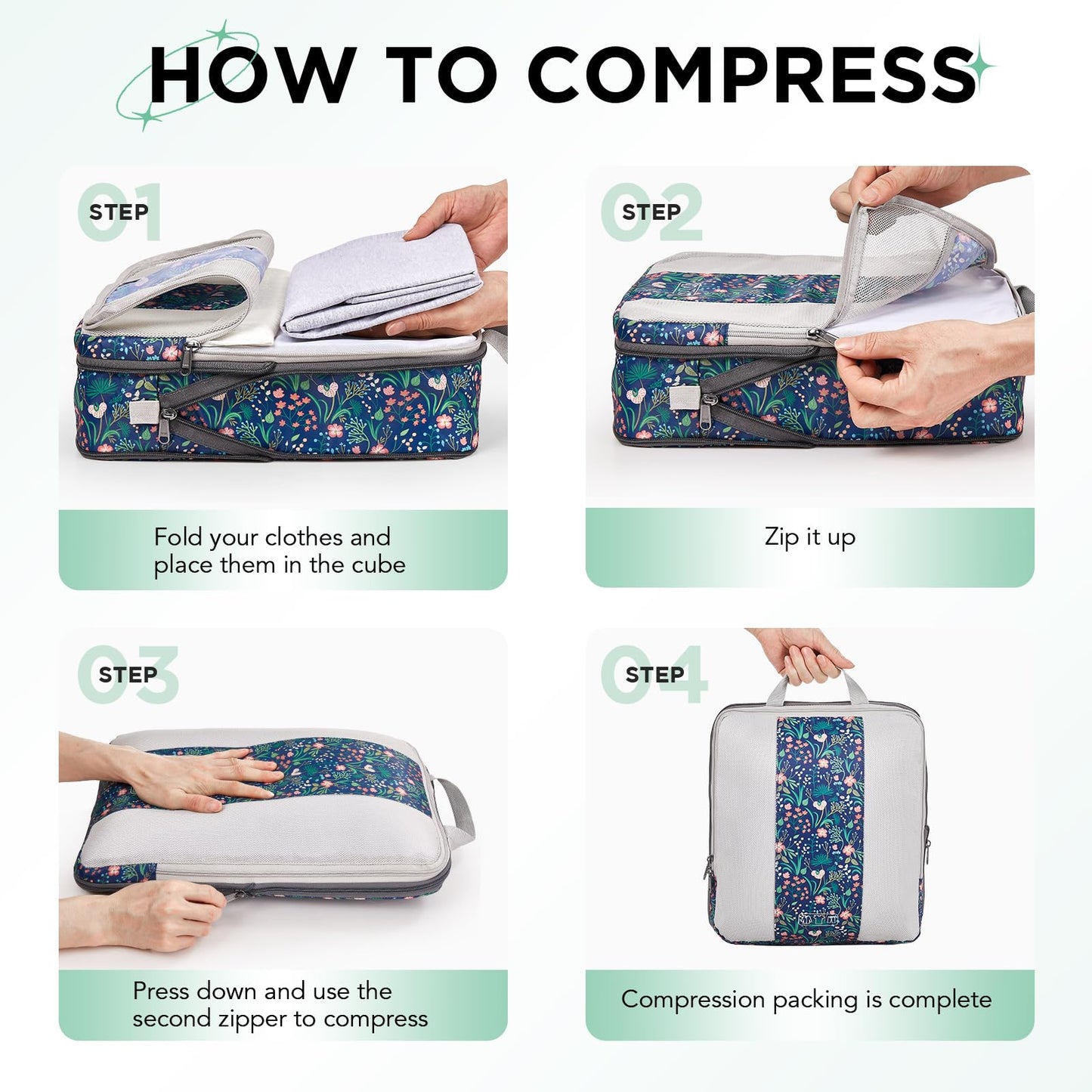 8 Set Compression Packing Cubes for Travel Essentials,Compressible Expandable Packing Cubes for Suitcase,OlarHike Luggage Organizer Bags,Handy Helper for Organizing Clothes(Dark Blue Floral)