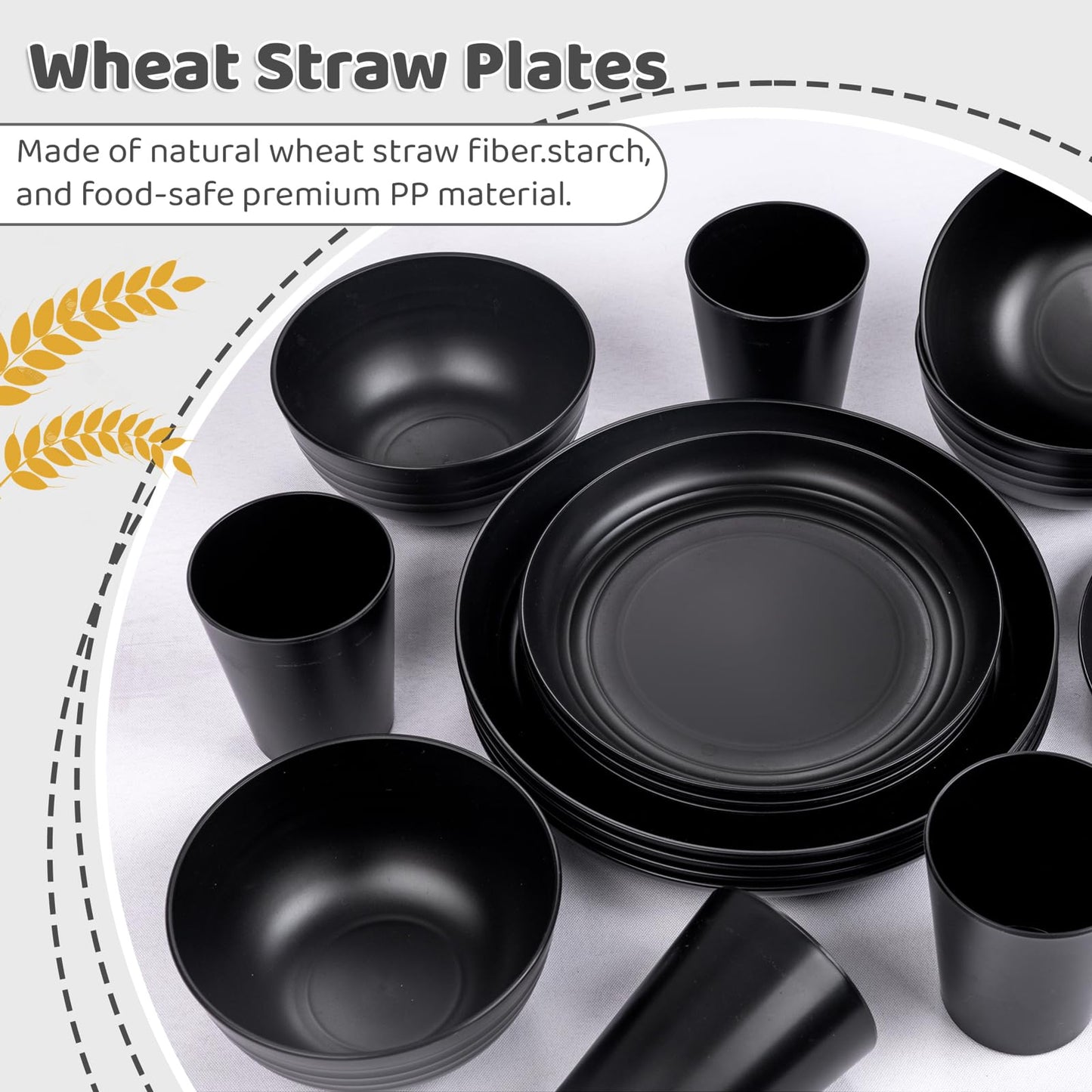 LIYH 16 Pcs Black Wheat Straw Dinnerware Set - Unbreakable Plates and Bowls Set, Dish Set for 4, Black Plastic Dinnerware Set Include Wheat Straw Dinner Plates Bowls Cups Kitchen & Camping