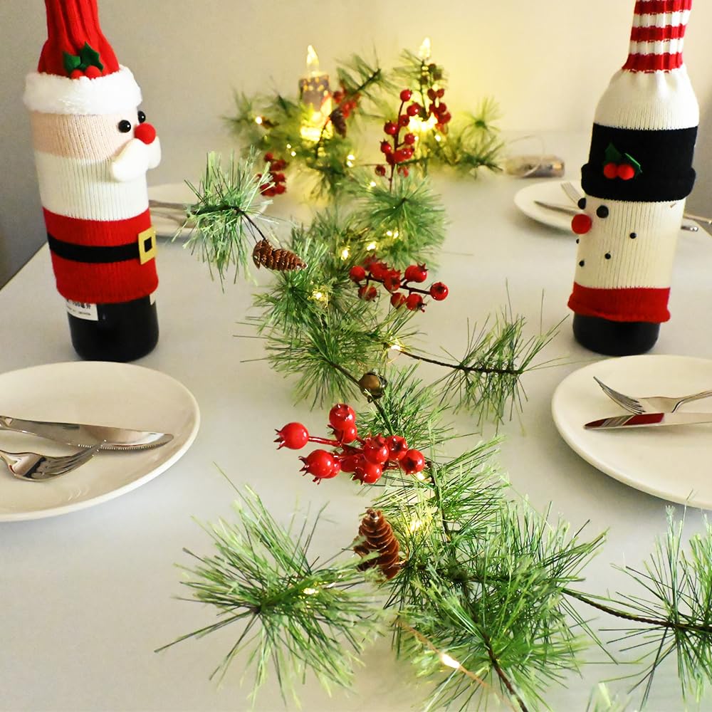 ChiRee Christmas Garland 6.56FT 30 LED Smokey Pine With Lights Battery Operated Pine Cone Red Berry Bells Green Decorations for Xmas Holiday Indoor Outdoor Home
