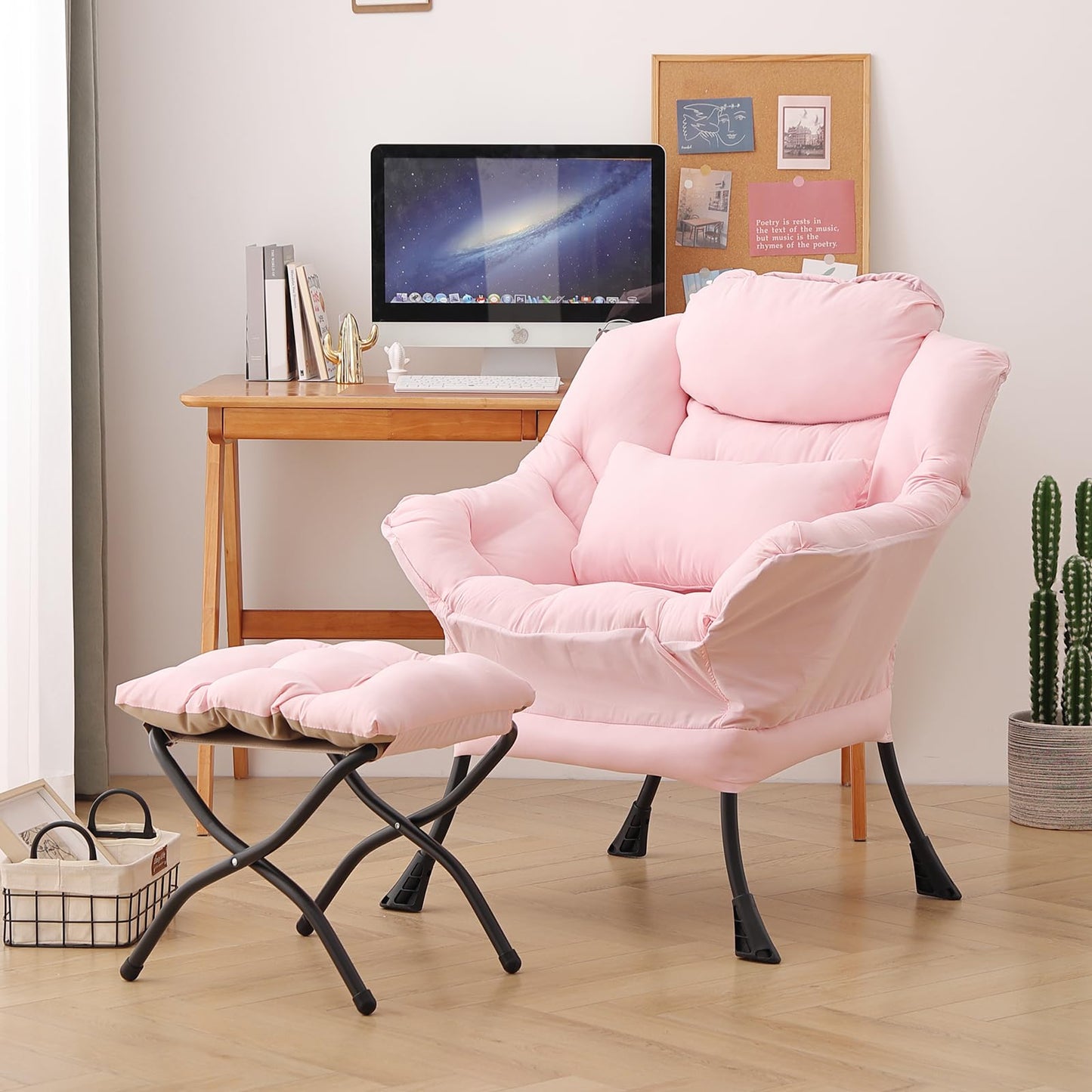 DreamNook Lazy Chair with Ottoman, Modern Accent Chair with Lumbar Pillow, Comfy Chairs with Folding Footrest for Bedroom, Reading, Oversized Supportive Lounge Chairs(Pink)