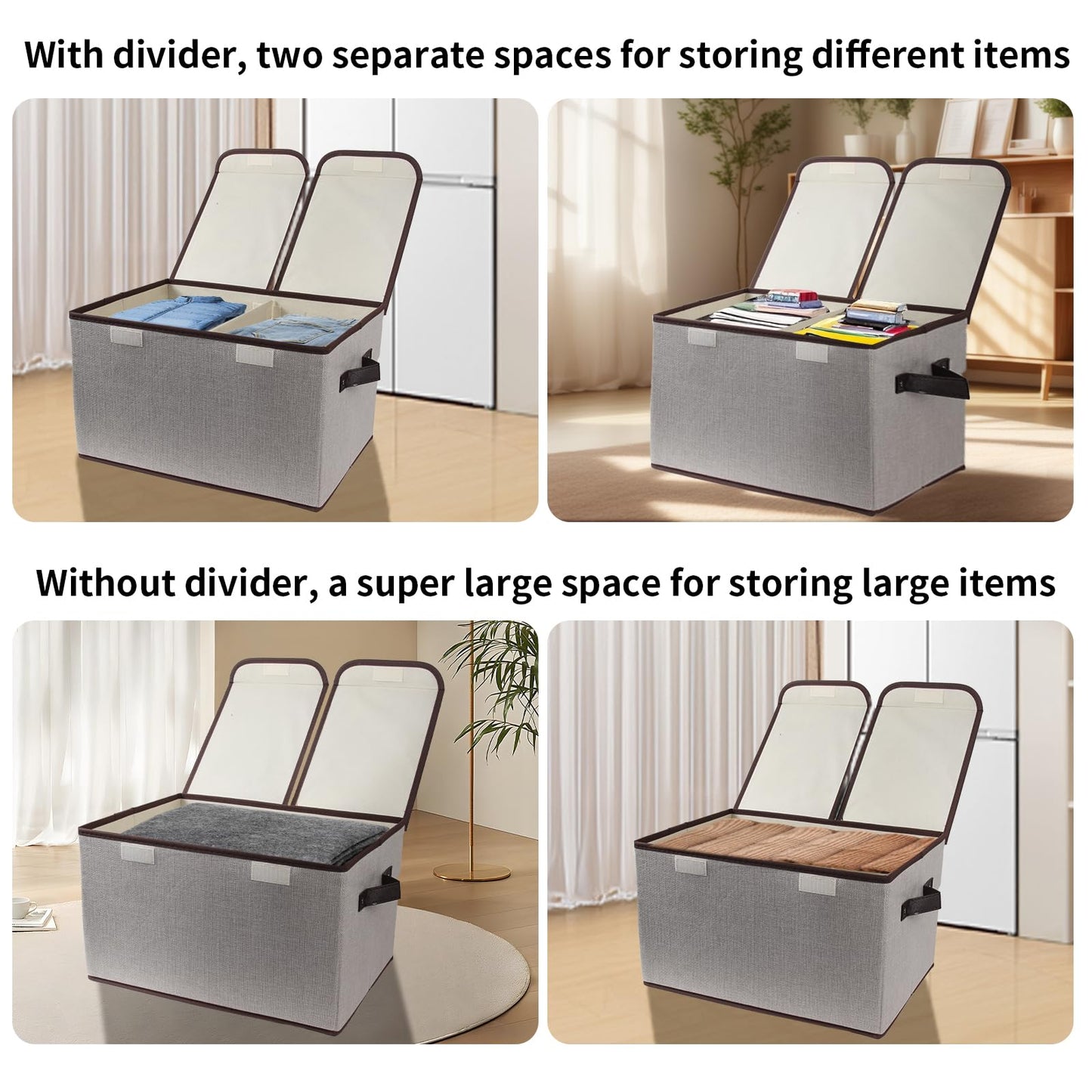 Tcbelosion Foldable Fabric Storage Box with Double-Lid & Dividers, Large Organizer for Home, Closet, Office(Grey)