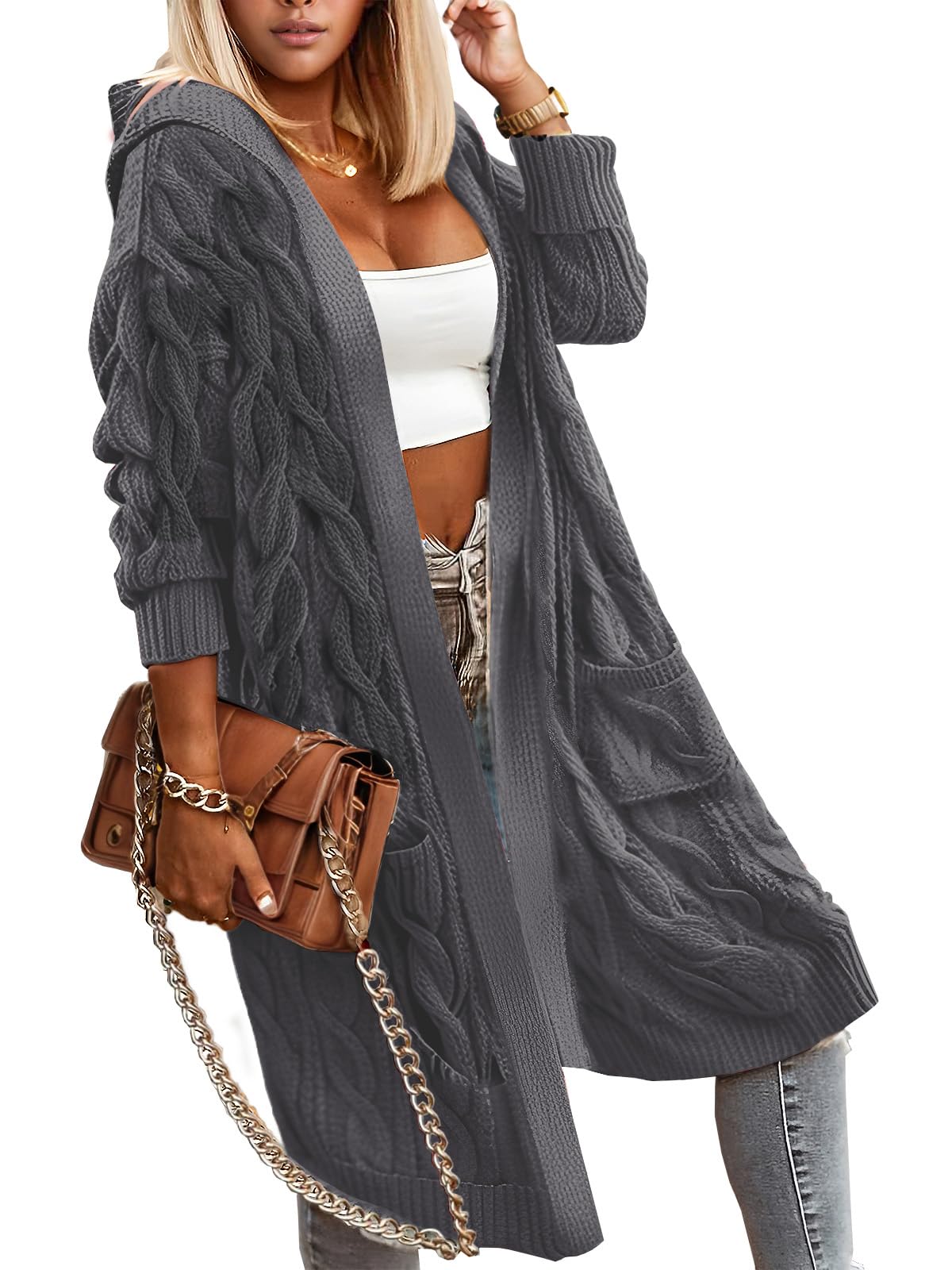 WIFFGO Lightweight Hooded Open Front Cardigan for Women Cable Knit Sweaters Pocketed Oversized Knee Length Long Coats Dark Gray