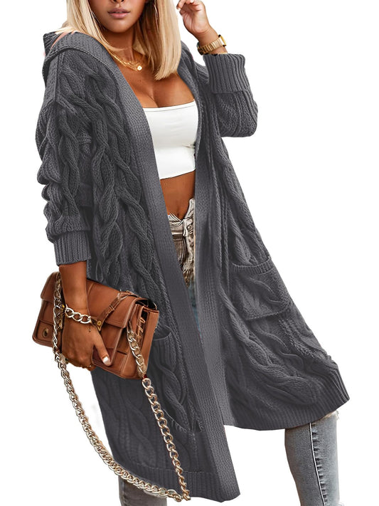 WIFFGO Lightweight Hooded Open Front Cardigan for Women Cable Knit Sweaters Pocketed Oversized Knee Length Long Coats Dark Gray