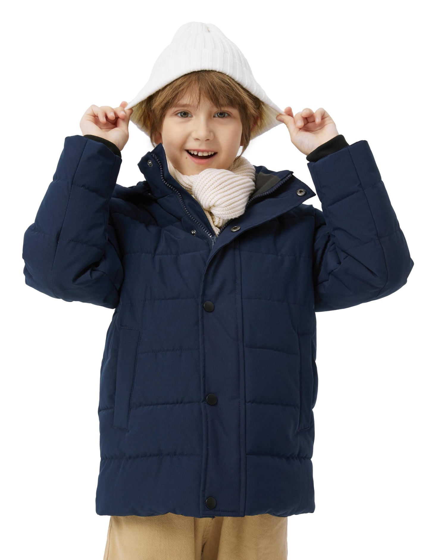 wantdo Boys' Warm Winter Coat Waterproof Puffer Jacket with Hood Navy 10-12