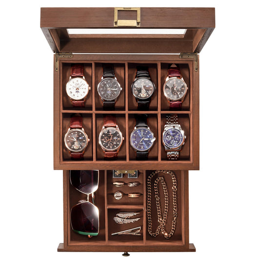 ProCase Wooden Watch Case for Men, 8 Slot Mens Watch Box With Drawer, 2-Layer Watch Display Case, 8 Watch Holder Organizer, Jewelry and Watch Storage Organizer for Men Women -8 Slot, Brown