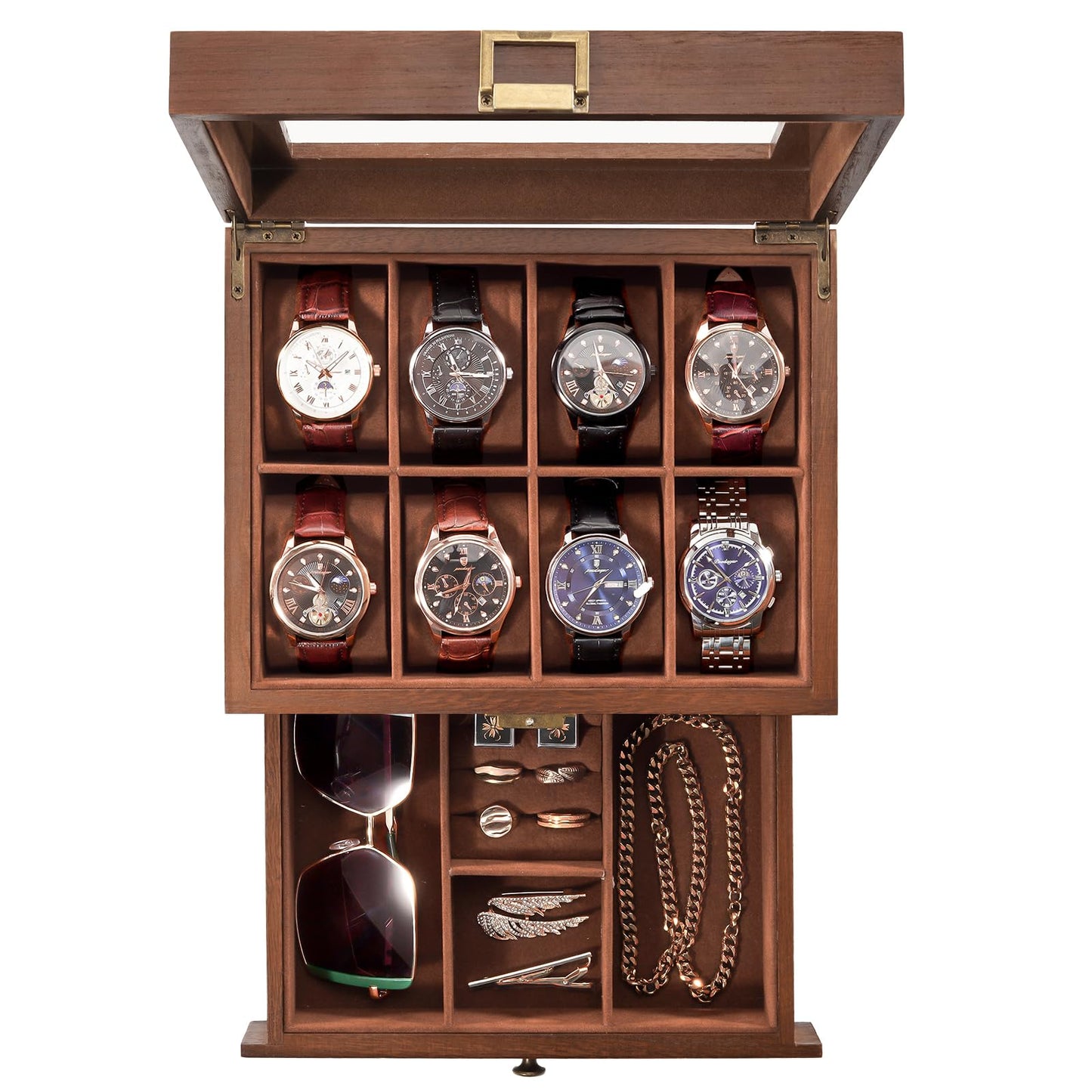 ProCase Wooden Watch Case for Men, 8 Slot Mens Watch Box With Drawer, 2-Layer Watch Display Case, 8 Watch Holder Organizer, Jewelry and Watch Storage Organizer for Men Women -8 Slot, Brown