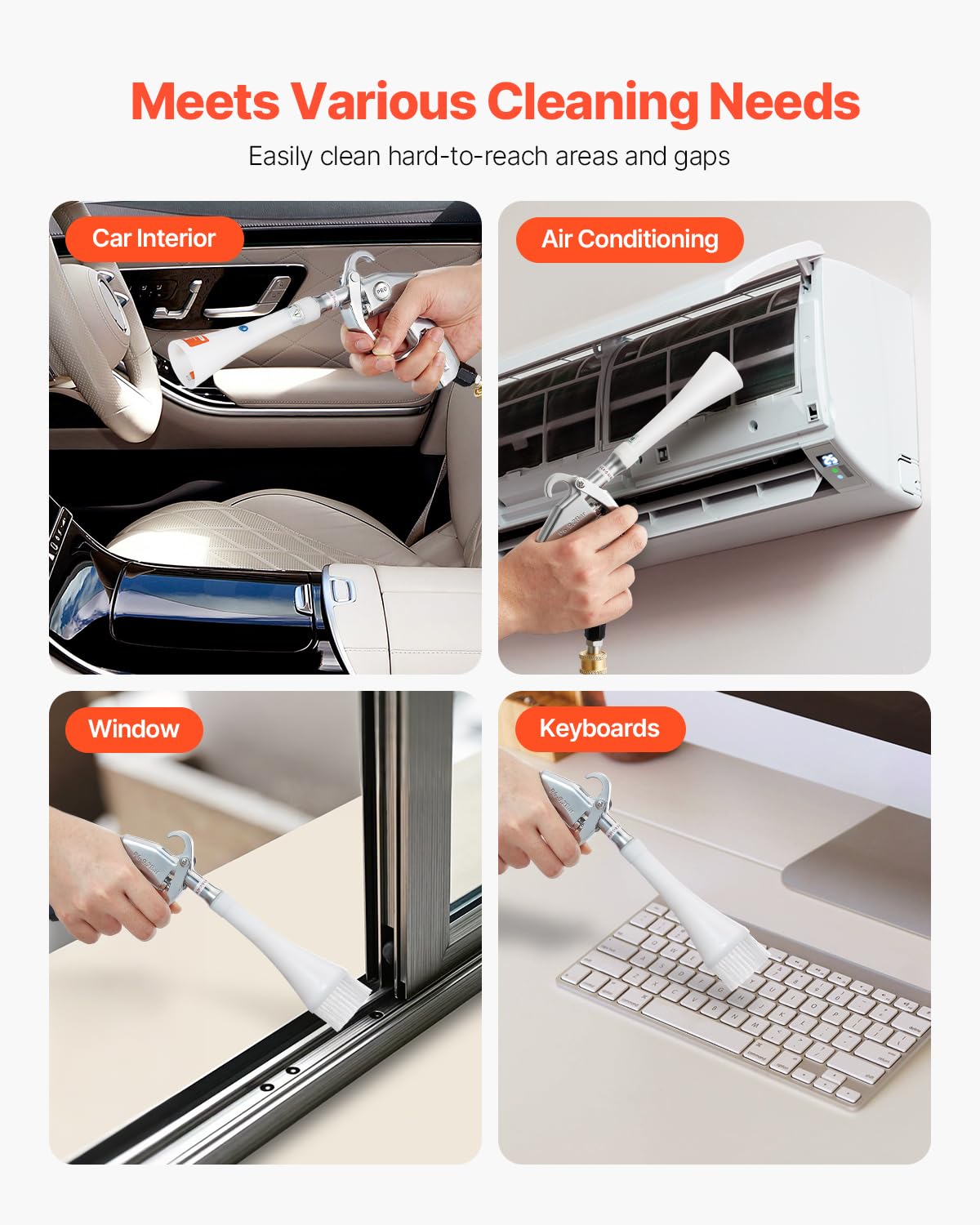 VEVOR Car Cleaning Gun, 6-9.2 Bar High-Pressure Air Blow Gun with 2 Set Nozzles, 360° Rotating Nozzle for Thorough Cleaning, Quickly Blasts Dirt and Dust from Surface, Work with 1/4 NPT Air Compressor