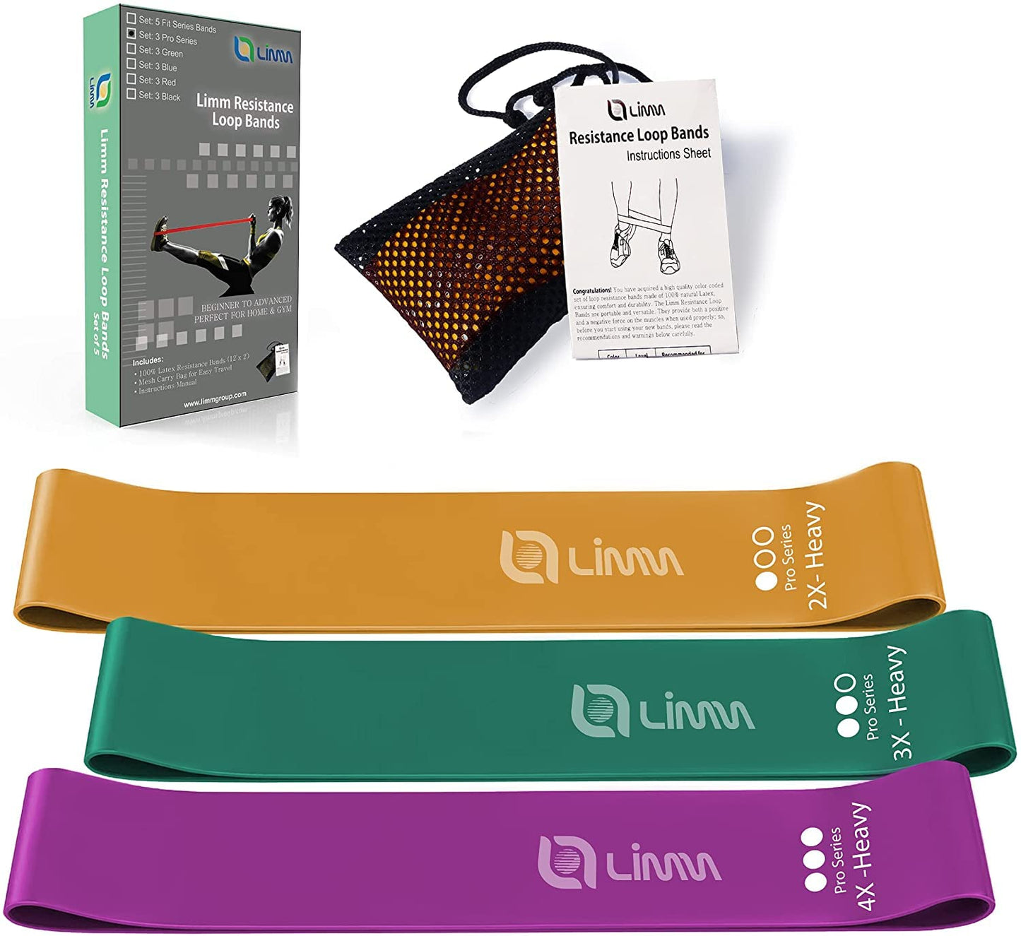 Limm Resistance Loop Exercise Bands - Set of 3 Bands for Working Out with Instruction Guide & Carry Bag - Mini Resistance Bands for Home Workouts, 12" x 2"