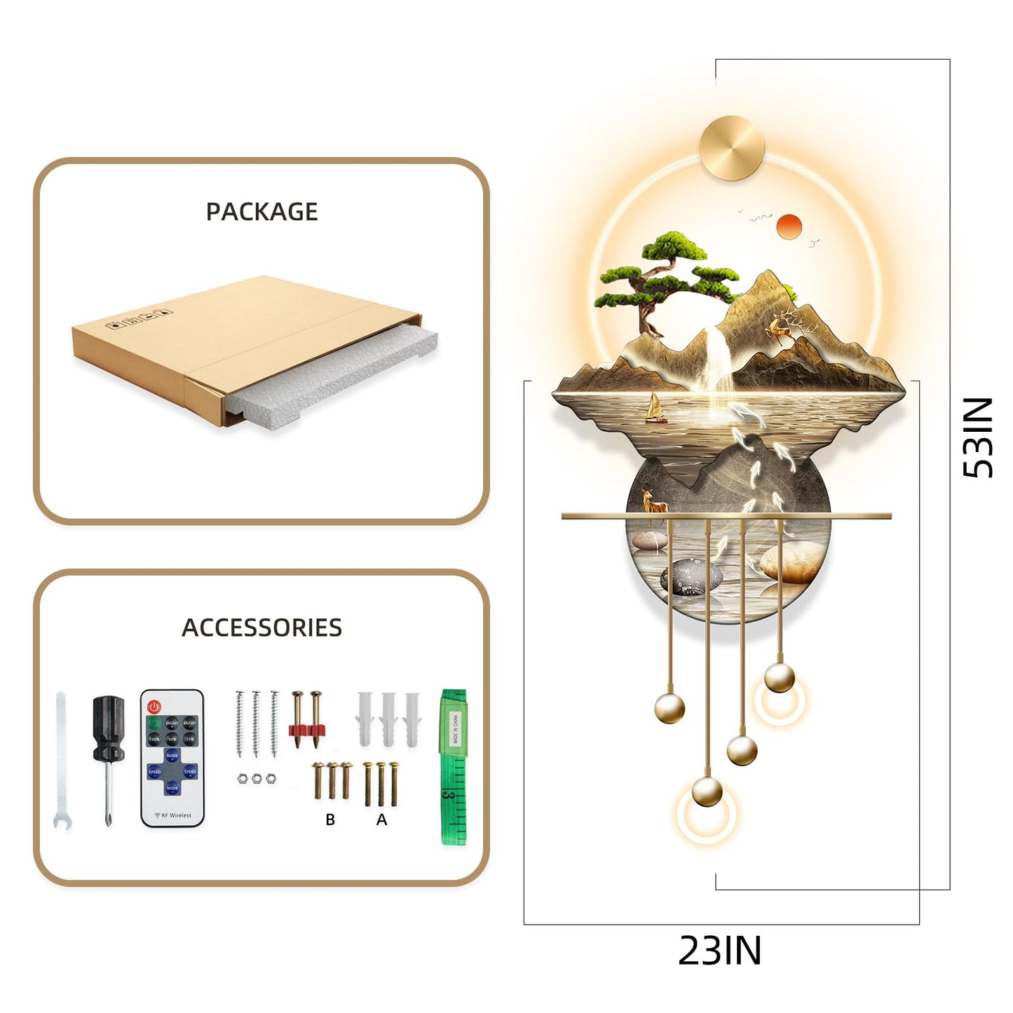 XQDYSG LED Light Decor Wall Art, 3D Art Wall Decor with Light, Decors Walls Sculptures Large 3D Art, Decors Walls Sculptures Lighting Modern, Plug-in Power Supply, Gold F, 23x53IN