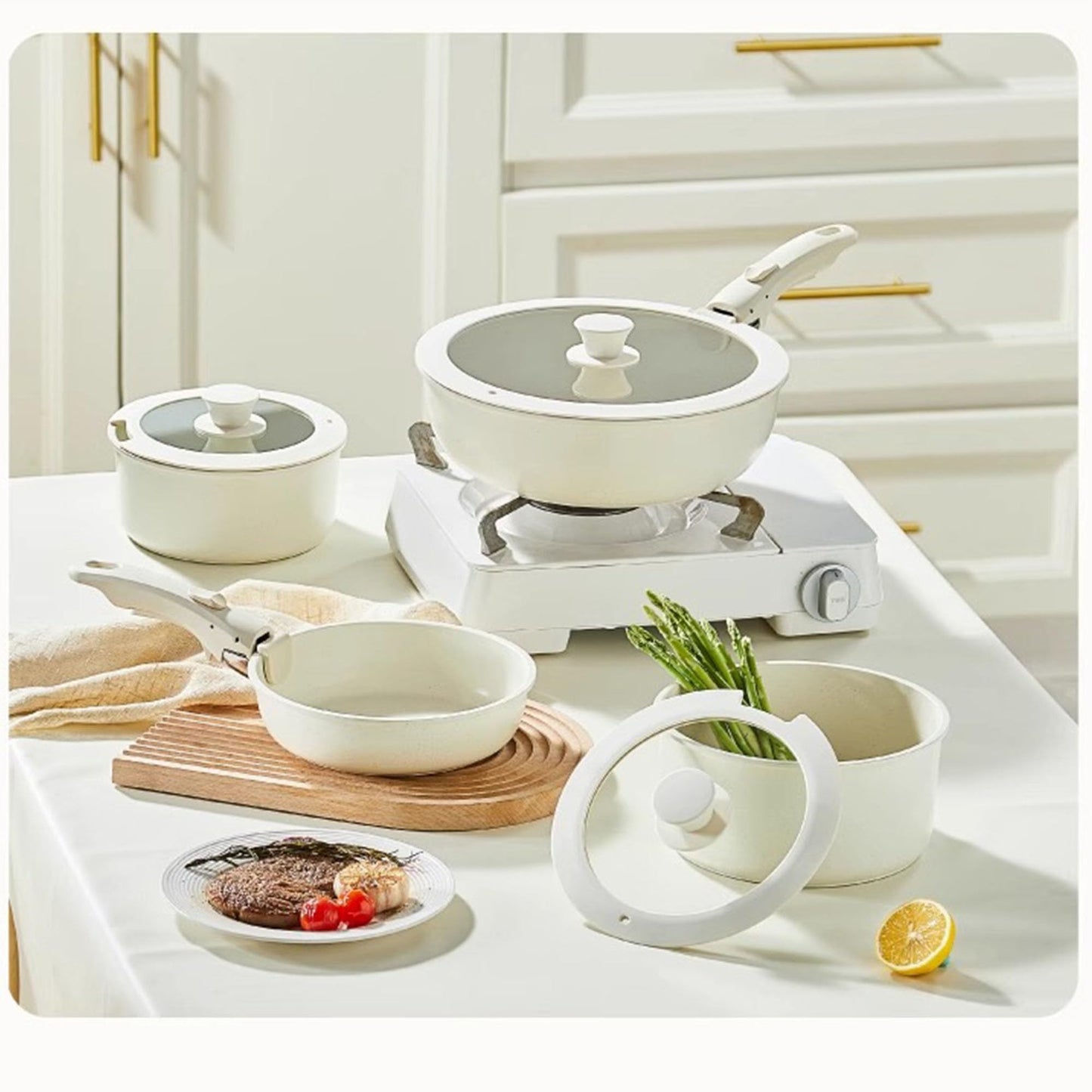 Zalnuuk 6 PCs pots and pans set non stick, Nonstick Kitchen Cookware Set, 2 Detachable/Removable Handles, Induction RV Kitchen Set, Oven Safe, Cream White