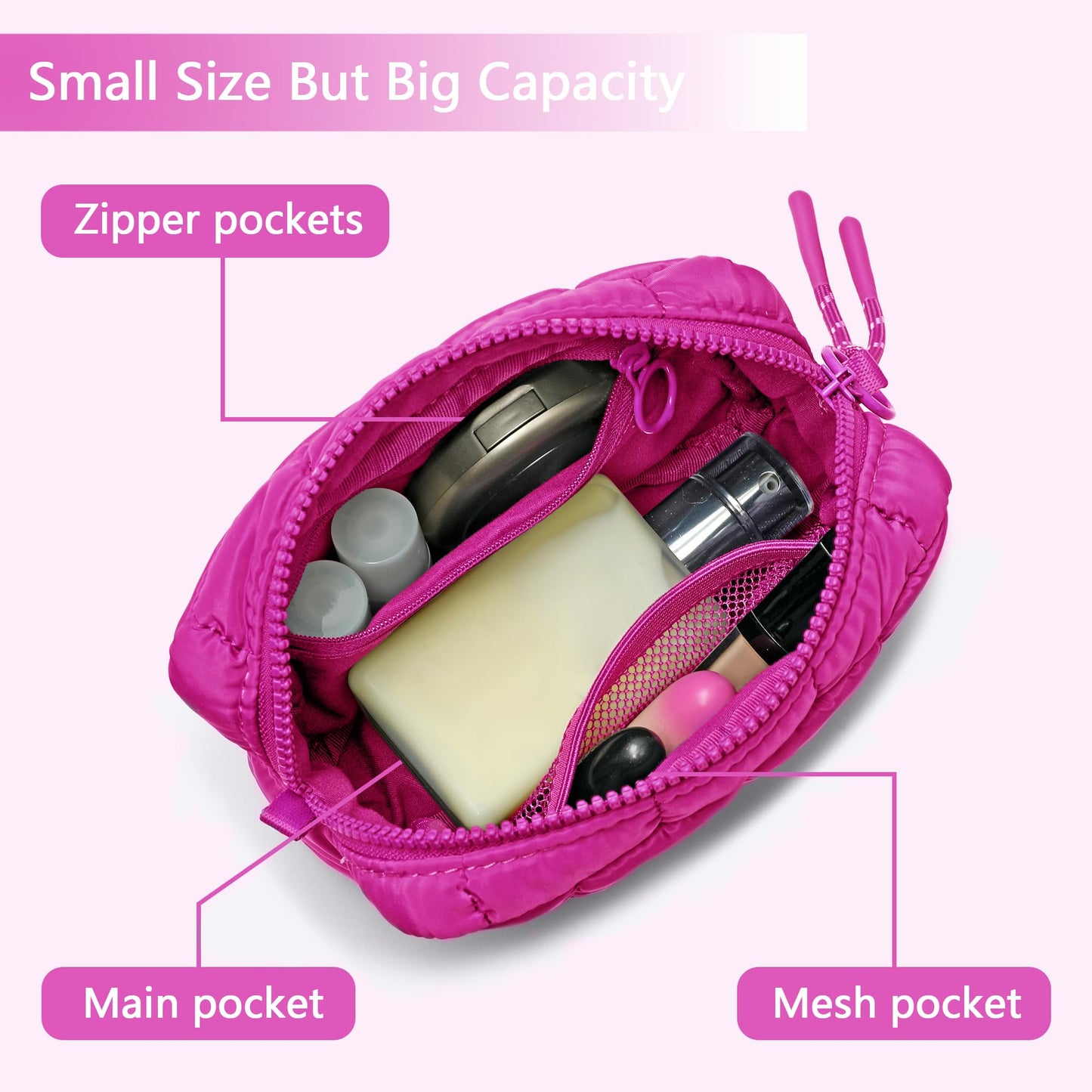 DOYOGI Quilted Cosmetic Bag, Puffer Makeup Bags, Crossbody Purses for women,Cute Travel Toiletry Bag for Women (Rose Red)