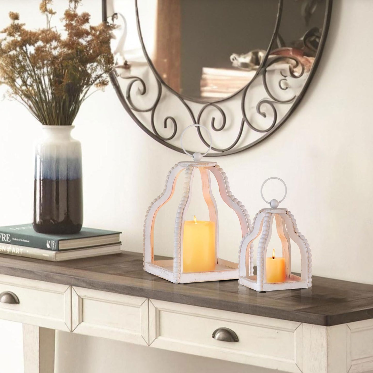 Staymoment Wood Lanterns Decorative Indoor: Farmhouse Hanging Candle Holder Set of 2 Brown Table Centerpiece Fireplace Mantle Shelf Rustic Home Decor Fall Decoration