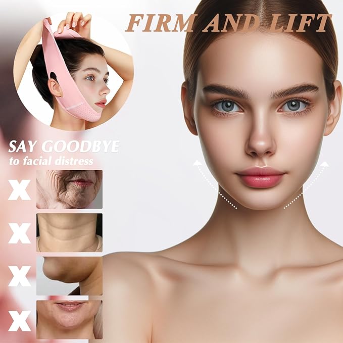 Reusable V Line Lifting Mask with Chin Strap, V Shaped Face Mask for Sagging, Jaw Exerciser (Pink)