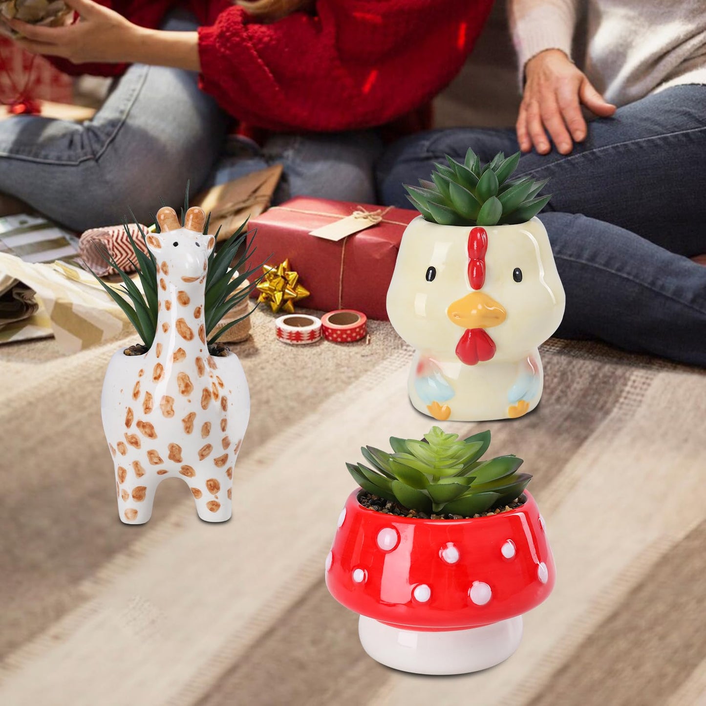 Chonsun Set of 3 Small Fake Succulent Plant in Cute Animal Ceramic Pot Small Artificial Succulent Plants Desk Plant for Home Office Shelf Decor