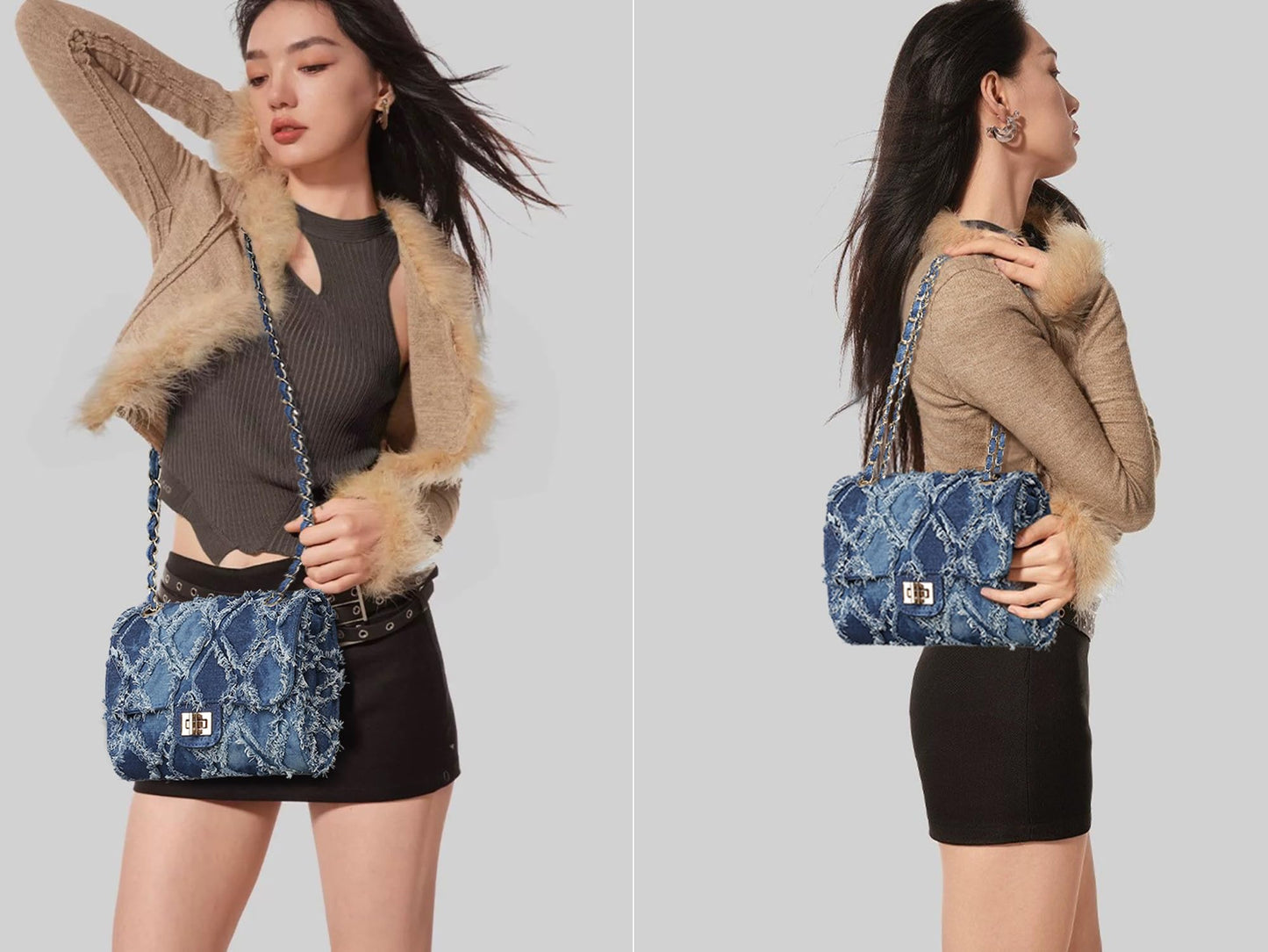 MKP Women Small Shoulder Bags Quilted Crossbody Distressed Jean Denim Purse Evening Bag Clutch Handbag with Chain Strap