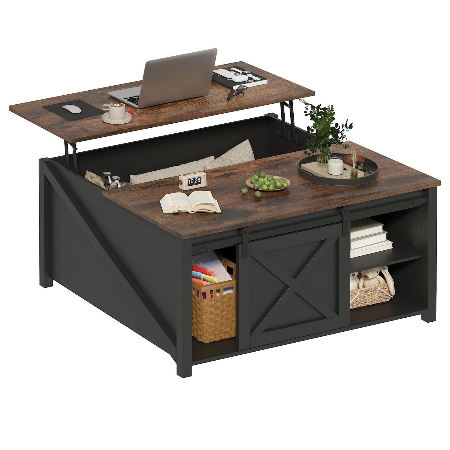 PUKAMI Lift Top Coffee Table with Storage, 31.5" Farmhouse Coffee Table for Living Room, Square Coffee Tables with Large Hidden Storage and Sliding Barn Doors, Black