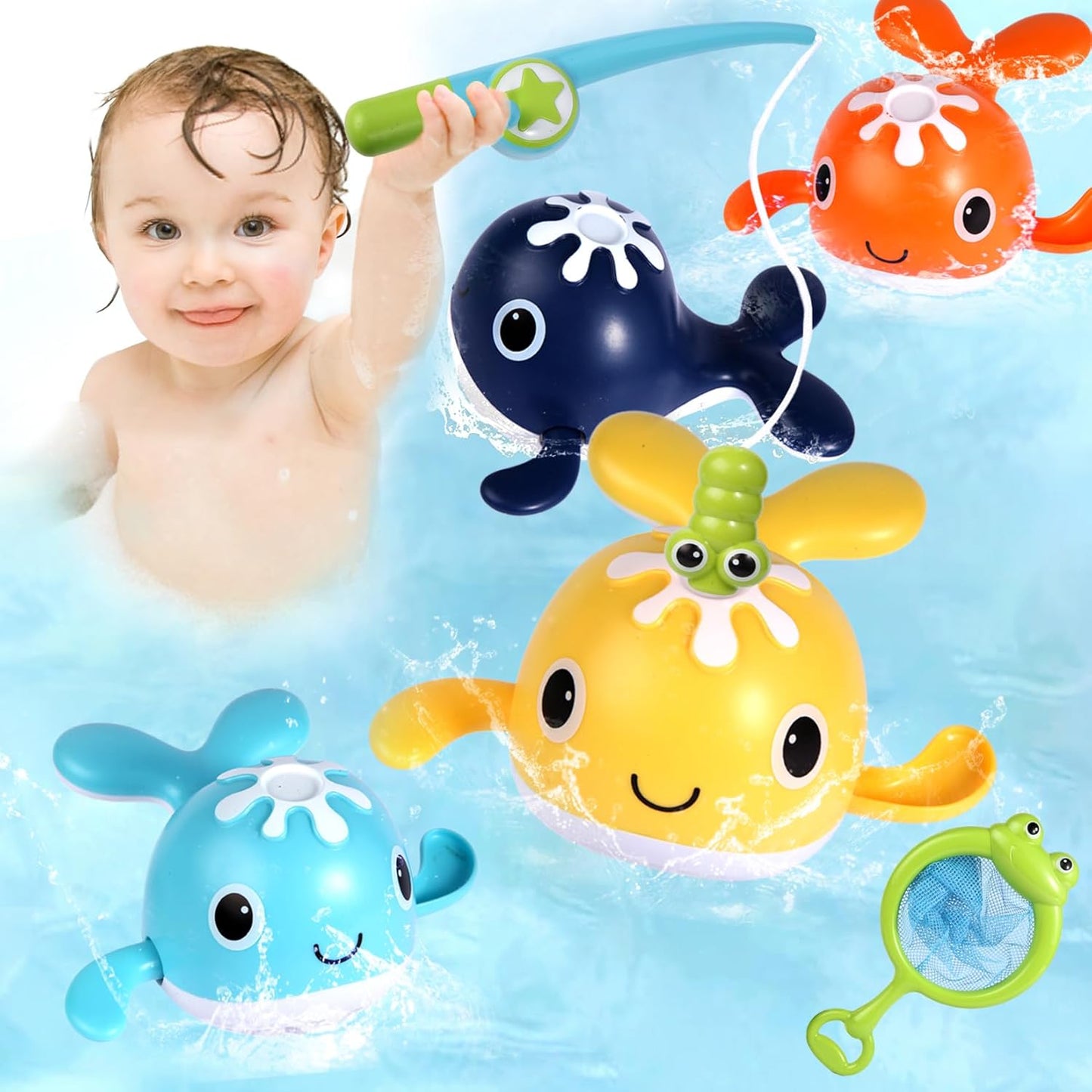 Baby Bath Toys Set,Wind Up Pool Toys for Toddlers 1-3,Kids Magnetic Fishing Toys with Fishing Rod,Fishing Net and 4Pcs Brightly Colored Whales,Boys and Girls Birthday Gifts