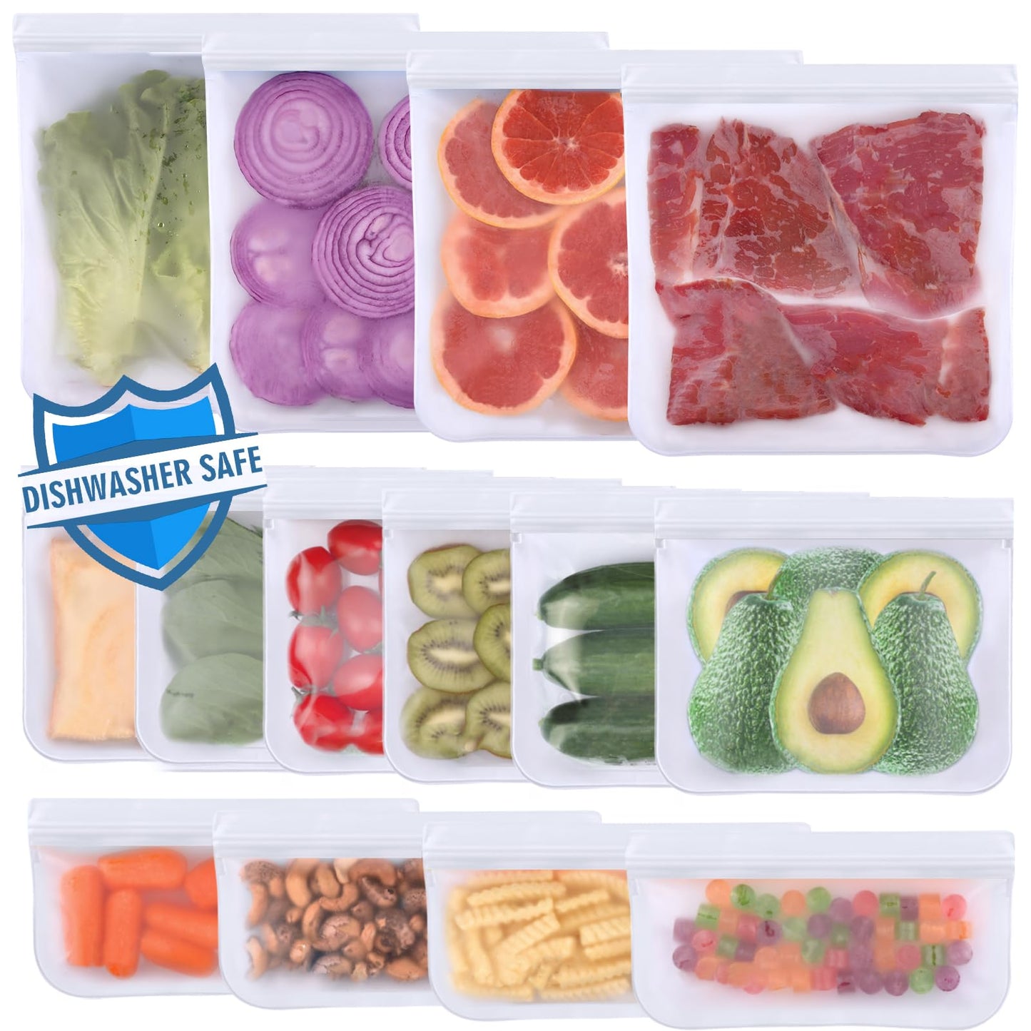 Lerine 10 Pack Dishwasher Safe Reusable Bags, Leakproof Reusable Freezer Bags, BPA Free Food Storage Bags for Marinate Food Travel - 3 Gallon 4 Sandwich 3 Snack