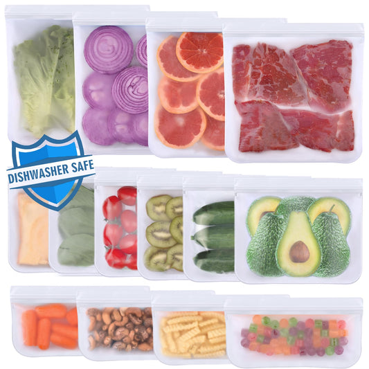 Lerine 10 Pack Dishwasher Safe Reusable Bags, Leakproof Reusable Freezer Bags, BPA Free Food Storage Bags for Marinate Food Travel - 3 Gallon 4 Sandwich 3 Snack
