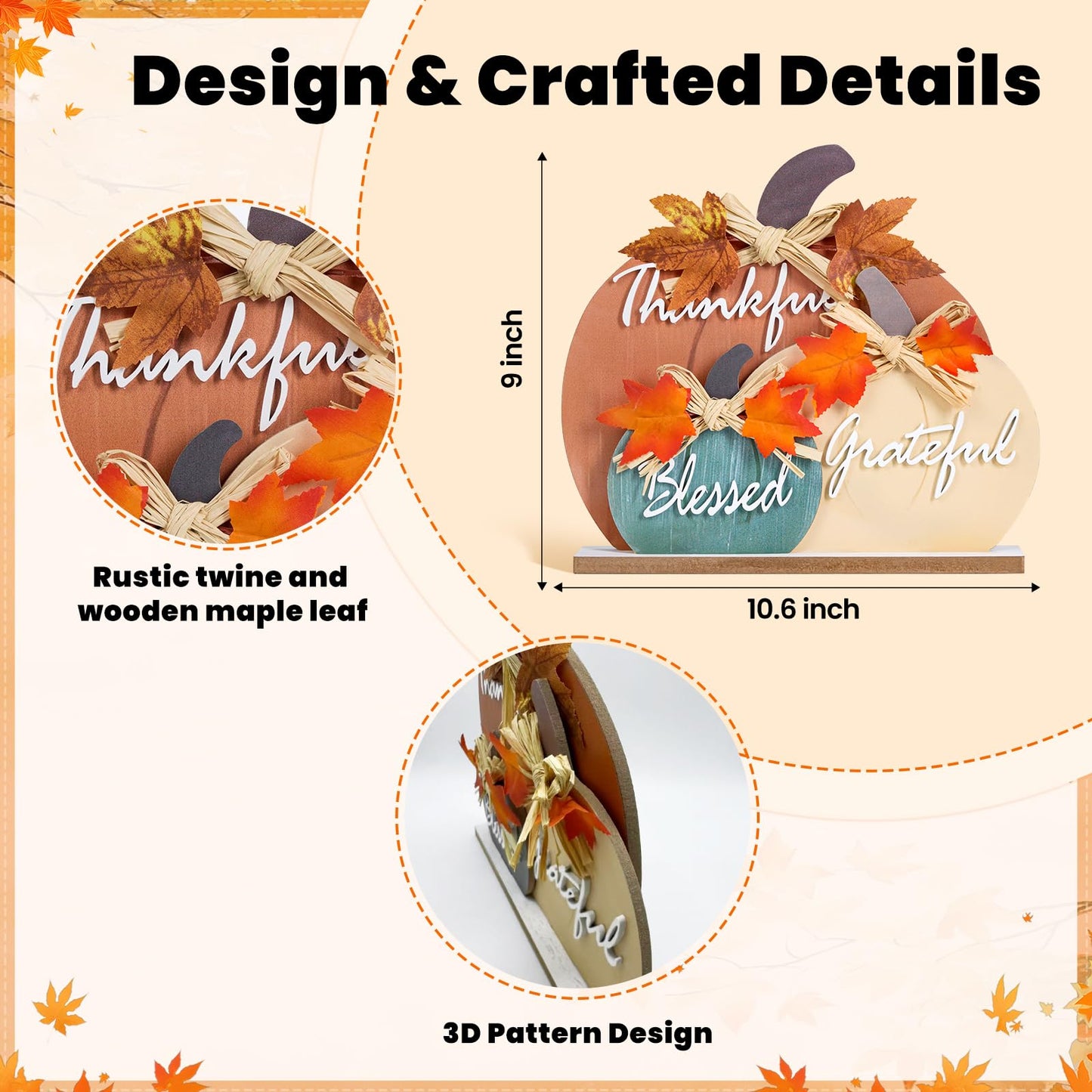 LXDNBGO Fall Decorations for Home, Farmhouse Wooden Pumpkin Decor for Autumn Thanksgiving, Blessed Grateful Thankful Decorative Pumpkin Sign for Table, Office Desk, Fireplace Mantle