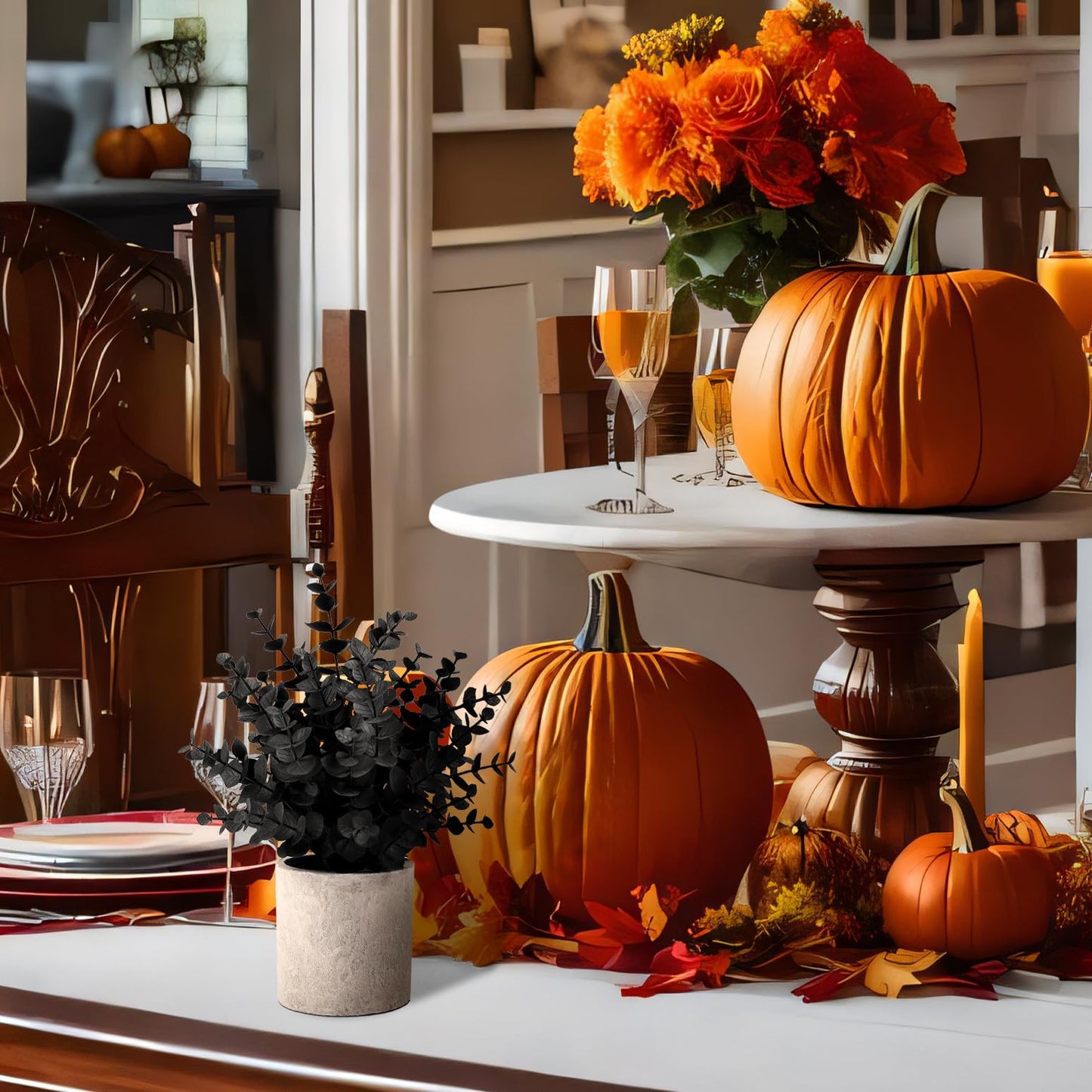 2 Pack Black Fake Eucalyptus Small Fake Plants Potted Artificial Plants for Halloween Decorations Shelf Desk Home Farmhouse Room Coffee Table Bathroom Decor(Black)