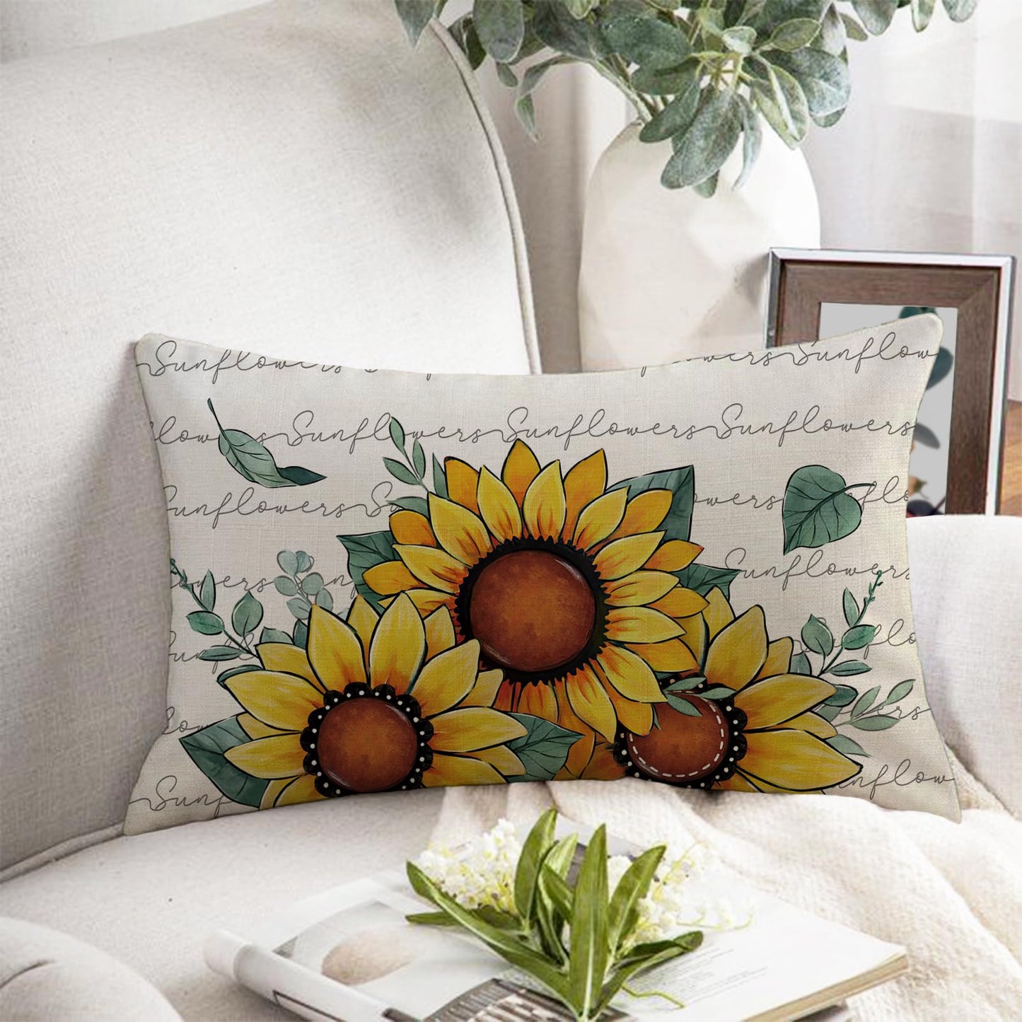 Fjfz Spring Summer Sunflower Lumbar Decorative Throw Pillow Cover 12 x 20, Rectangular Floral Flower Eucalyptus Leaves Outdoor Home Decor, Fall Autumn Seasonal Couch Cushion Case