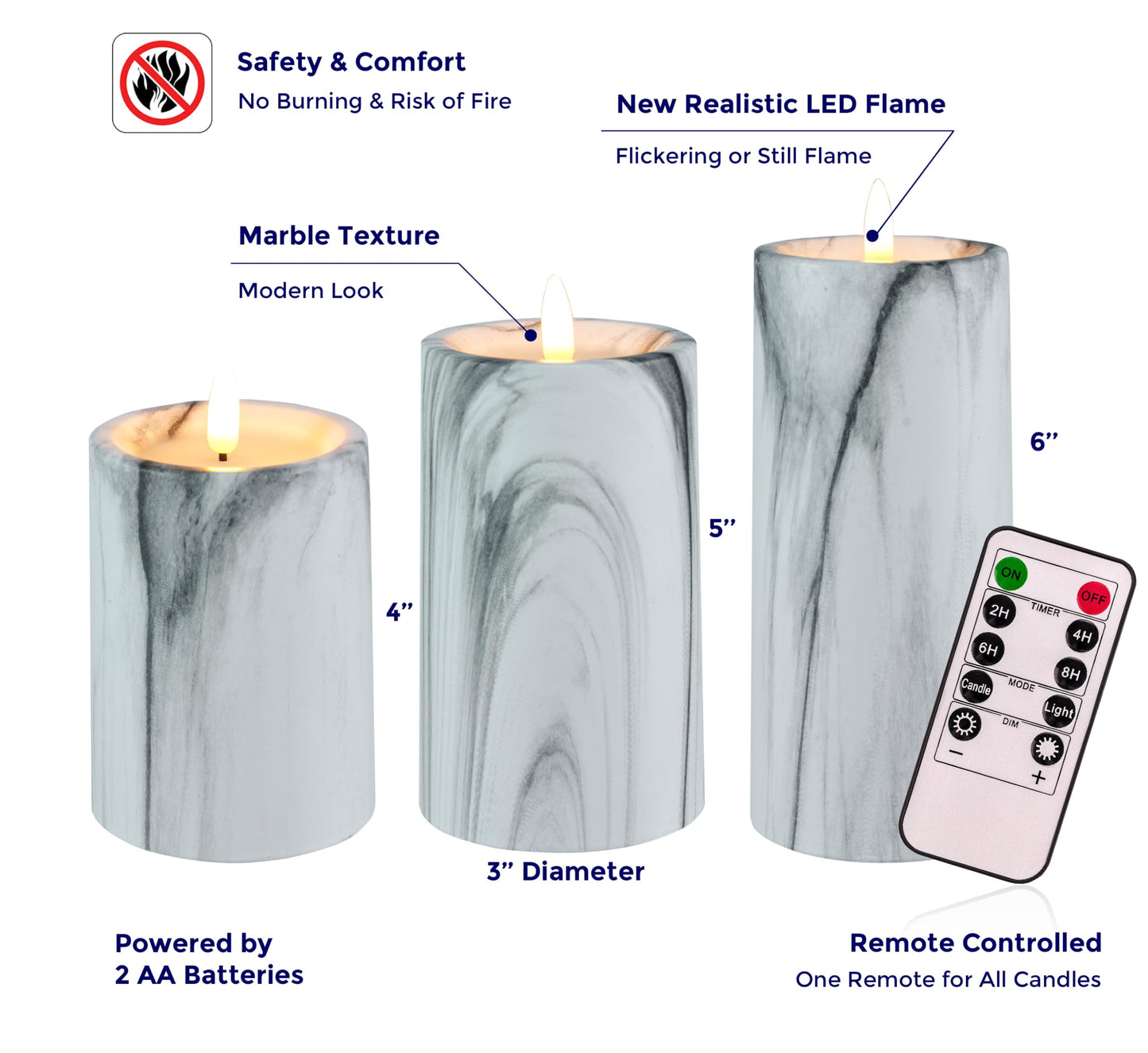 VENTA Flickering Flameless Candles with Remote Control - Led Candles Battery Operated - Battery Operated Candle for Decoration Table, Timer & Dimmer Features, Set - 3Pcs (4",5",6") (Marble)