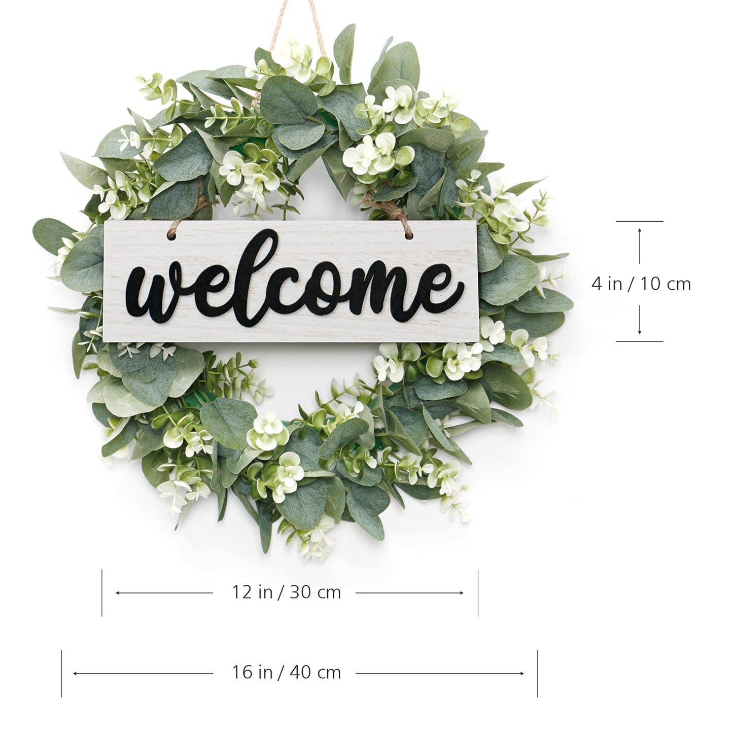 Dremisland 16 Inch Eucalyptus Leaves Wreath,Artificial Green Leaves Wreath with Welcome Sign Board for Front Door Window Farmhouse Garden Festival Celebration Home Decoration (White)