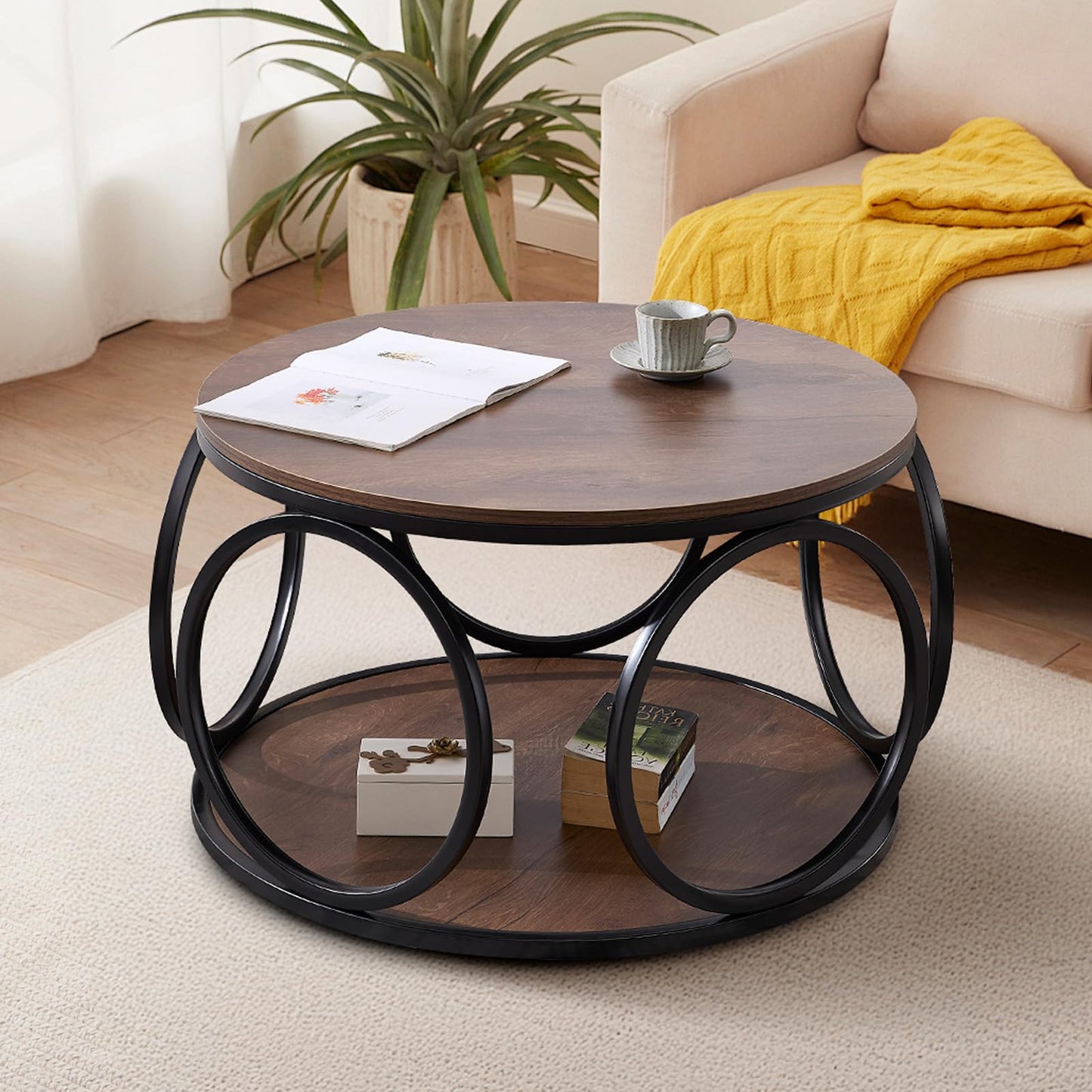 BECHAEO 31.5" 2 Tier Industrial Round Coffee Table, Modern Round Wood Coffee Table with Sturdy Circle Metal Frame for Living Room Home Furniture, Classic Walnut