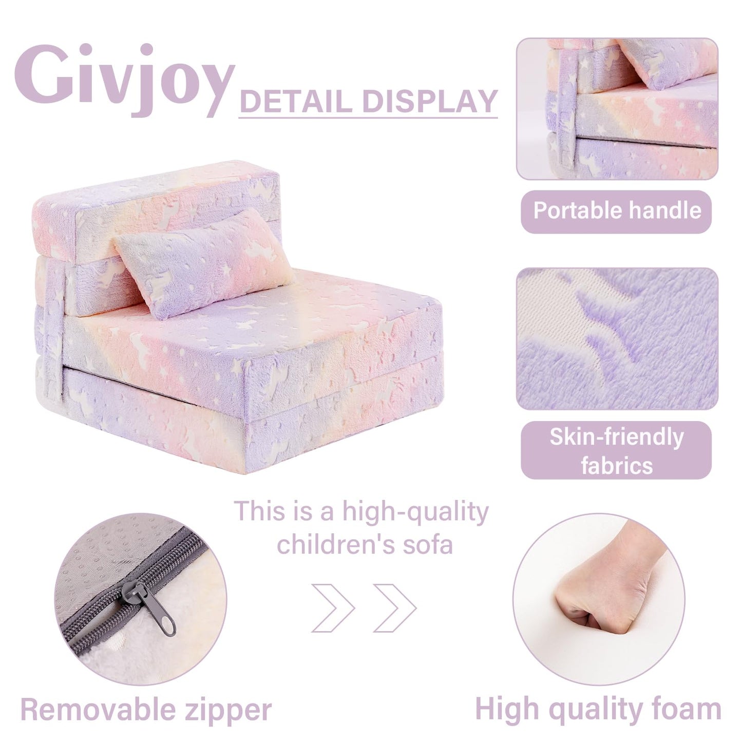 Givjoy Folding Sofa Bed Floor Mattress for Kids with Pillow, Toddler Washable Folding Floor Nap Mat Futon, Child Fold Up Sofa Chair Bed with Storage Bag for Girls and Boys