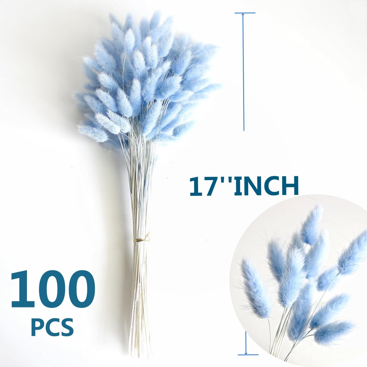 120 PCS Blue Dried Pampas Grass Decor, 17-inch Pompas Floral, Dry Flowers for Decoration, Pampas Grass in Bulk Tall, Blue Bunny Tails Dried Flowers for Boho Wedding Decor