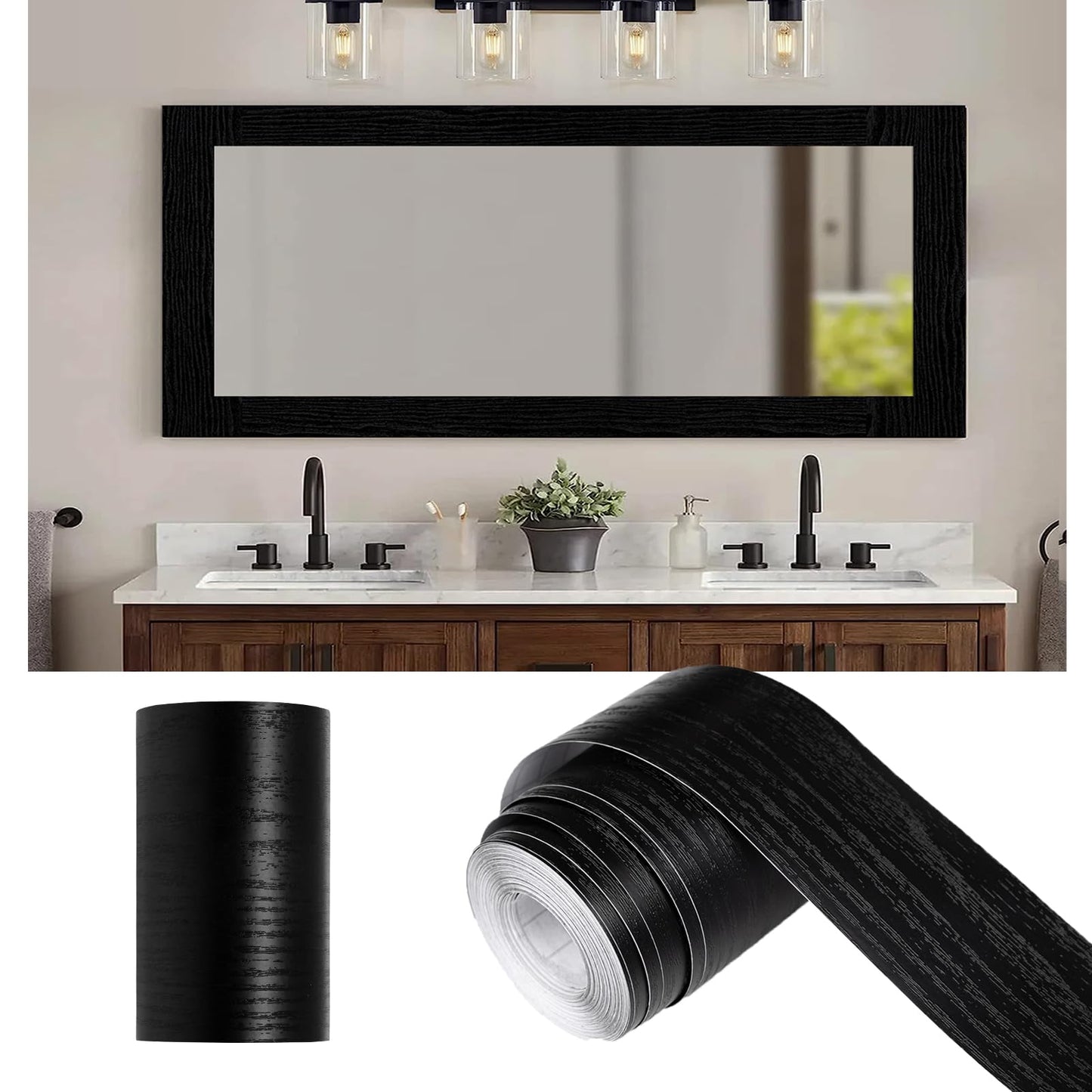 10M Black Wood Grain Mirror Frame Border Peel and Stick Wallpaper, Removable PVC Waterproof Bathroom Mirror Tape Sticker Trim, Kitchen Wallpaper Self Adhesive Decor Sticker 1.96" x 393"