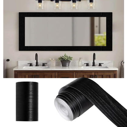 10M Black Wood Grain Mirror Frame Border Peel and Stick Wallpaper, Removable PVC Waterproof Bathroom Mirror Tape Sticker Trim, Kitchen Wallpaper Self Adhesive Decor Sticker 1.96" x 393"