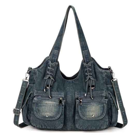YeFine Casual Washed Denim Shoulder Bags Top Handle Lady's Hobo Bags Women Purses And Handbags (Deep Blue)