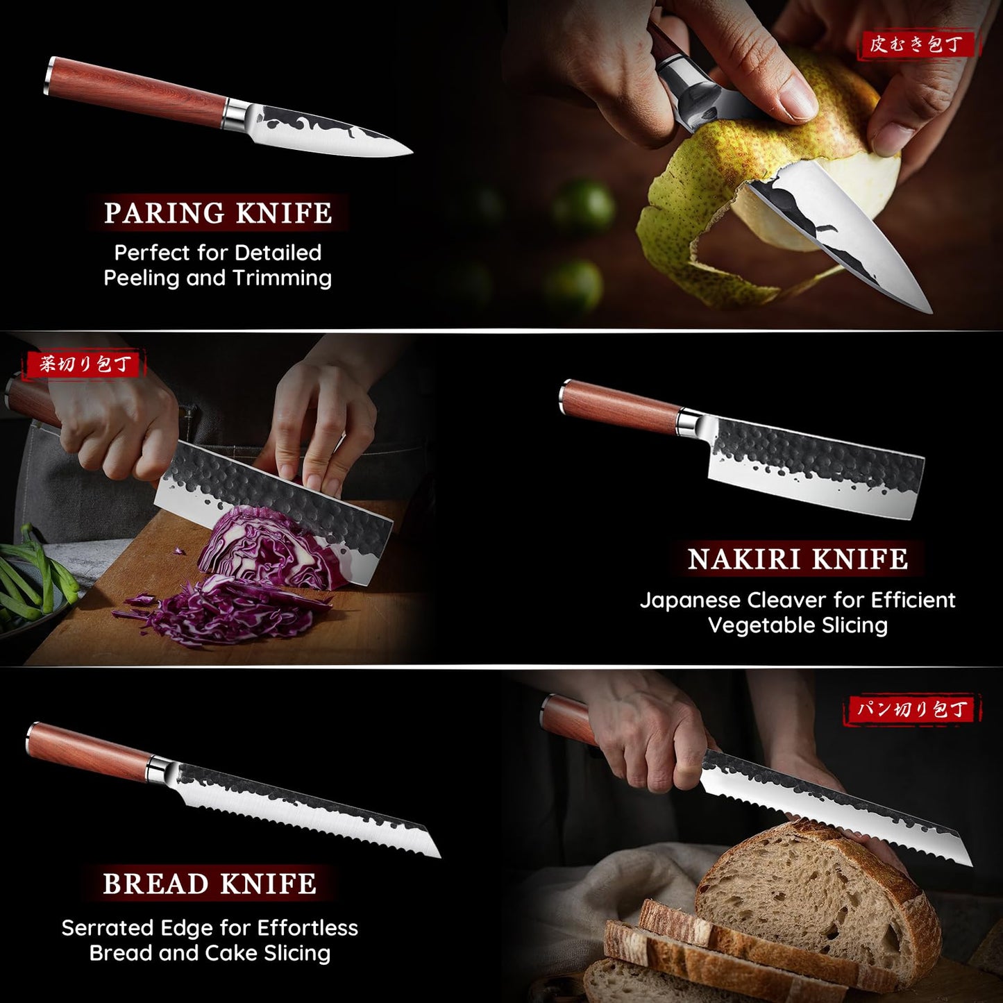 Huusk Japanese Chef Knife Set 6 pcs, Kitchen Knives with Hand-forged High Carbon Steel Blade, Sharp Cooking Knife Set with Ergonomic Wood Handle, Professional Kitchen Knife Set with Gift Box for Men