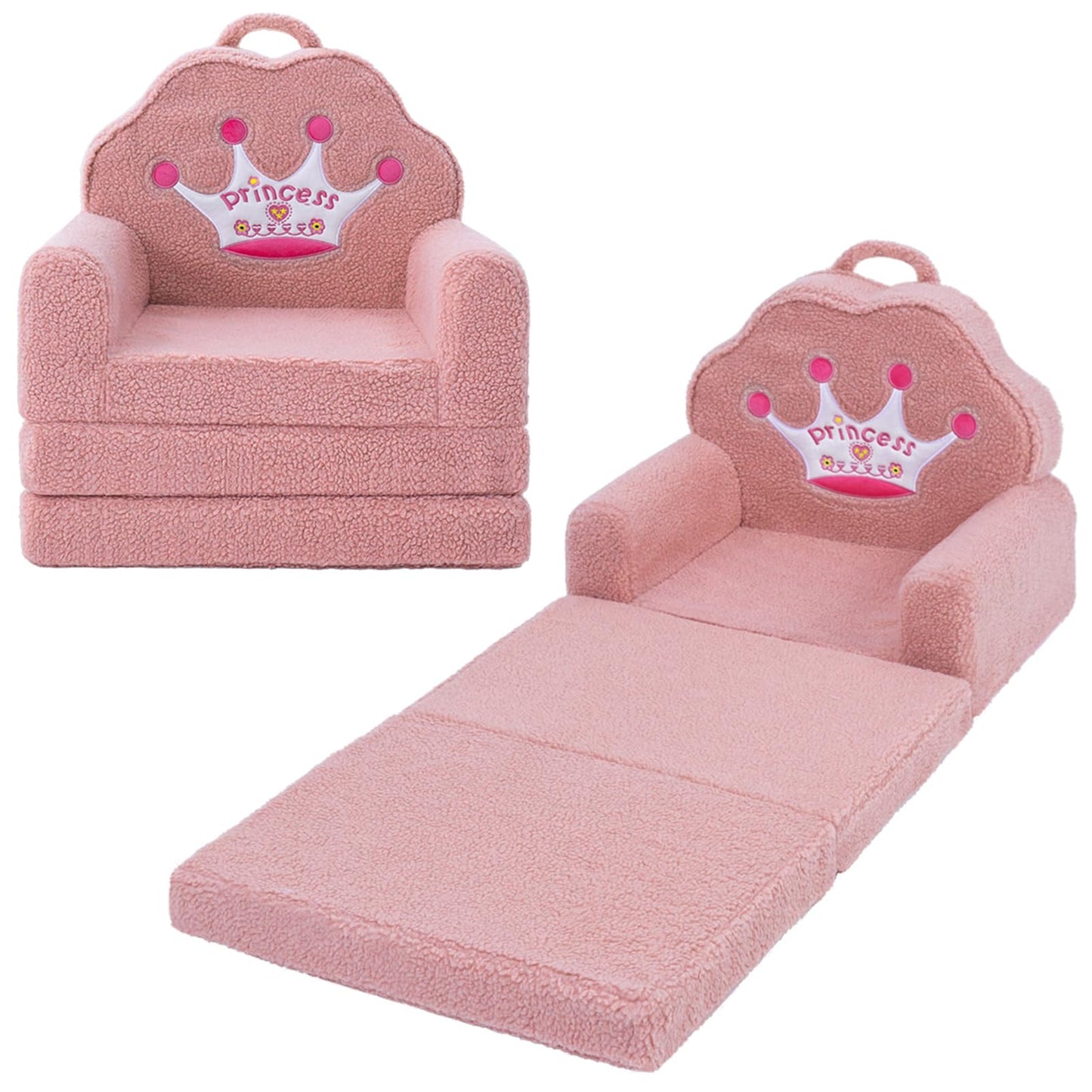 MOONBEEKI Kids Couch, 2-in-1 Convertible Soft Sherpa Fabric, Toddler Chairs Comfy 1-5 Years Old, Cartoon Animal & Crown Design, Toddler Furniture for Bedroom and Playroom, Pink Crown, Medium