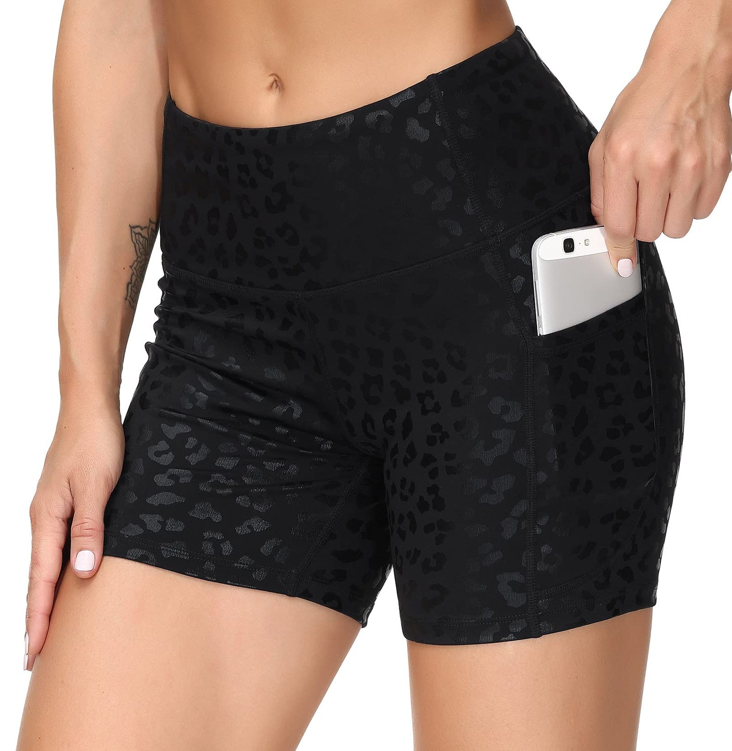 THE GYM PEOPLE High Waist Yoga Shorts for Women Tummy Control Fitness Athletic Workout Running Shorts with Deep Pockets (Medium, Black spot Leopard)