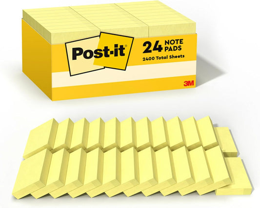 Post-it Notes, 1/3/8 x 1 7/8 in, 24 Sticky Notes Pads, 100 Sheets per Pad, Canary Yellow, The Original Post-it Note, School Supplies and Oﬃce Products