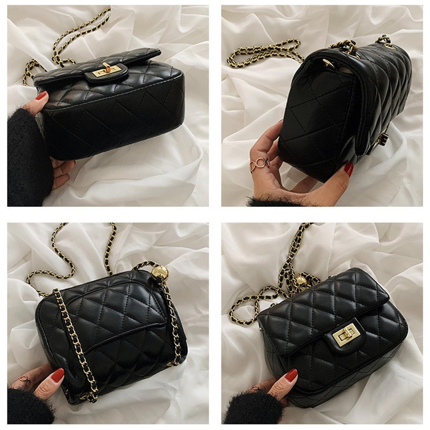 DOTBABY Diamond Chain Shoulder Crossbody Bag, Fashionable Women's Leather Tote Handbag, Adjustable Straps,Buckle Opening Bag (Black)