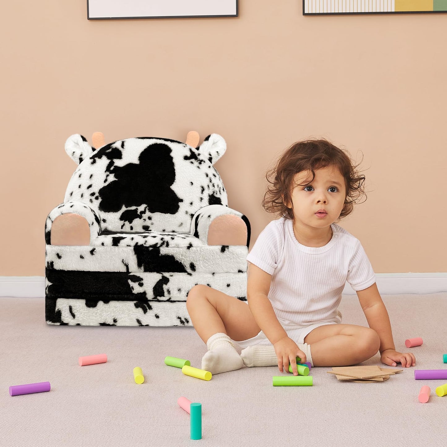 QIUODO Toddler Chair Plush with Removable Cover, 2-in-1 Toddler Couch Fold Out, Cow Shell, Comfy Couch for Kids Over 18 Months, Kids Furniture for Bedroom, Playroom（Cow）