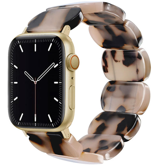Newlibery Resin Stretchy Watch Bands Women Compatible with Apple Watch 38mm 40mm 41mm 42mm (S10) Tortoise Light Bracelet Beaded Elastic Strap for iWatch Series10/9/8/7/6/5/4/3/2/1/SE/Ultra (S)