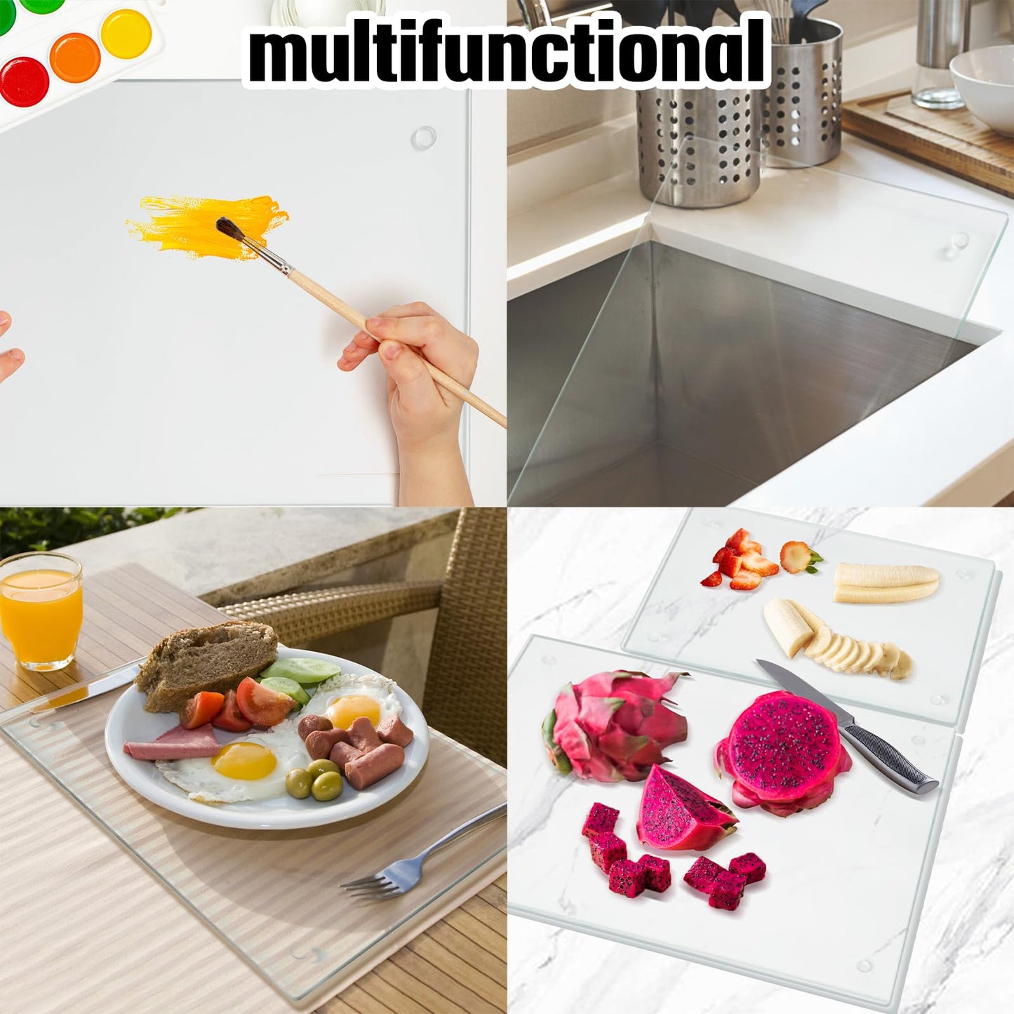 JAMBALAY Tempered Glass Cutting Board for Kitchen, 16"x12" Clear Glass Cutting Board with Rubber Non-Slip Feet, Heat and Scratch Resistant, Shatterproof, Dishwasher Safe,Transparent