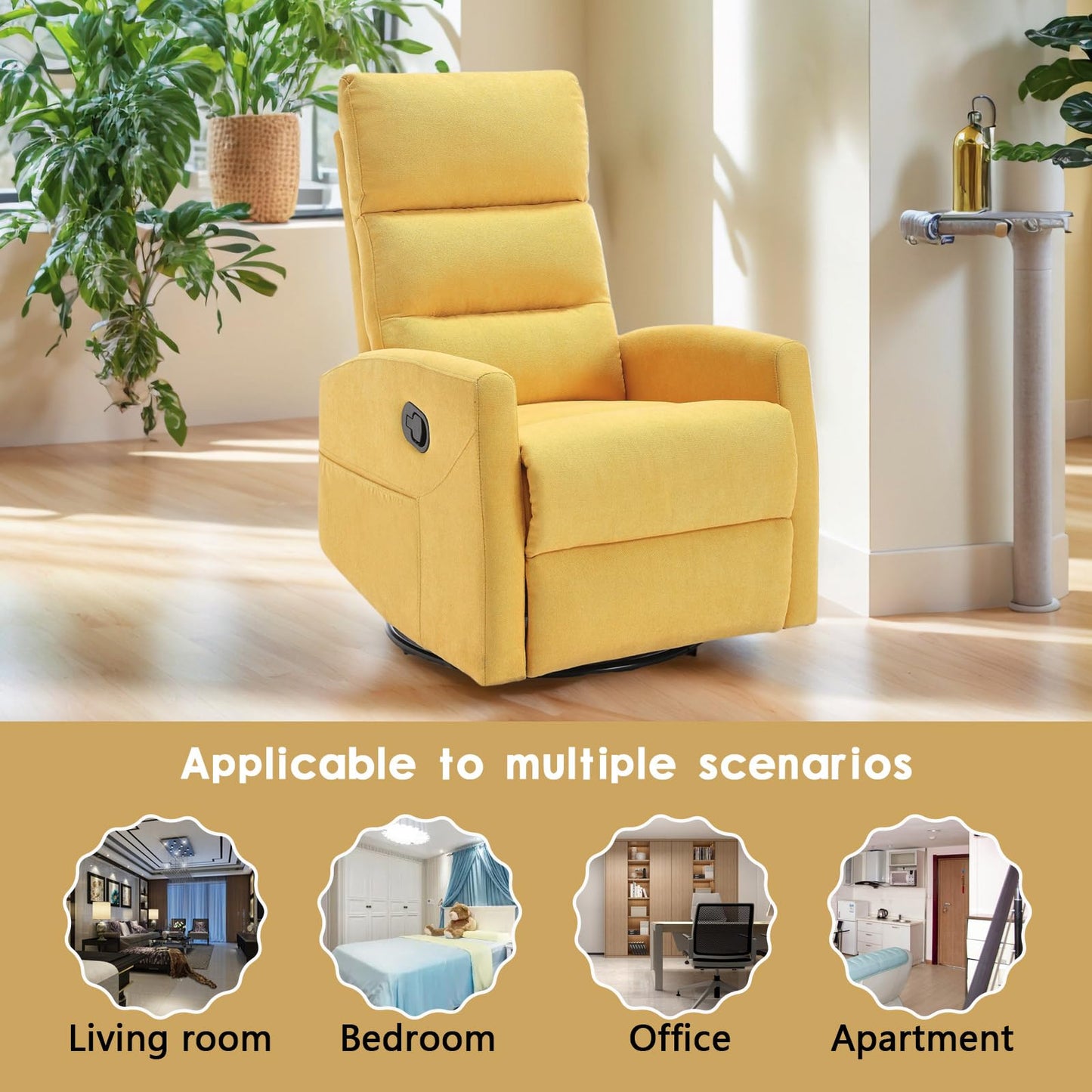 360° Swivel Recliner Chair for Adults, Upholstered Glider Rocking Chair Nursery with Adjustable Backrest & Footrest, Small Recliners for Small Spaces Living Room Bedroom (Yellow)