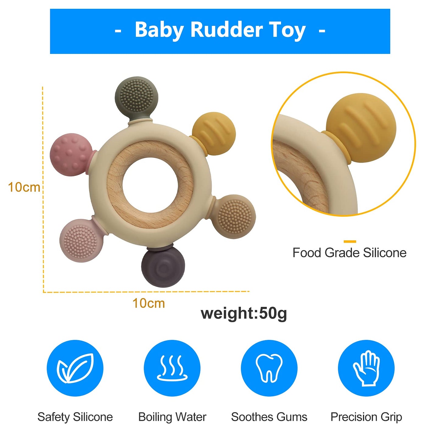 Arudyo Baby Teething Toys Silicone Teethers BPA Free Silicone Rudder with Wooden Ring Soothe Babies Gums (Khaki)